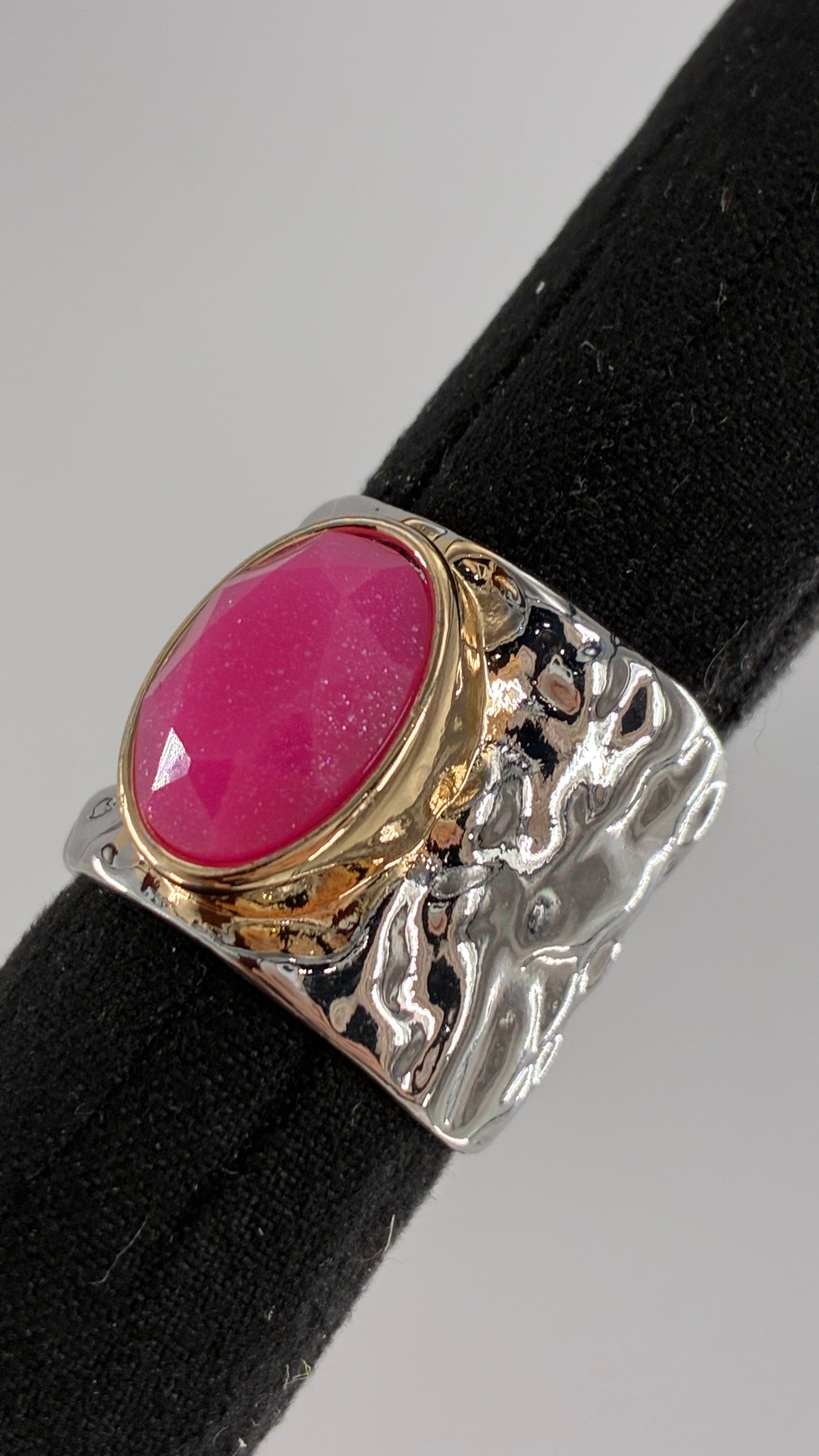 Silver Hammered Cuff Ring with Pink Gemstone