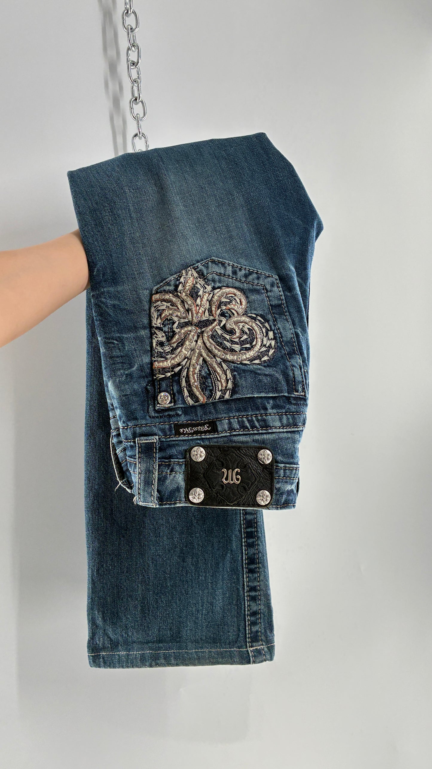 Vintage MISSME Kick Flare Jeans with Embroidered Pockets with Rhinestone Detailing (28)