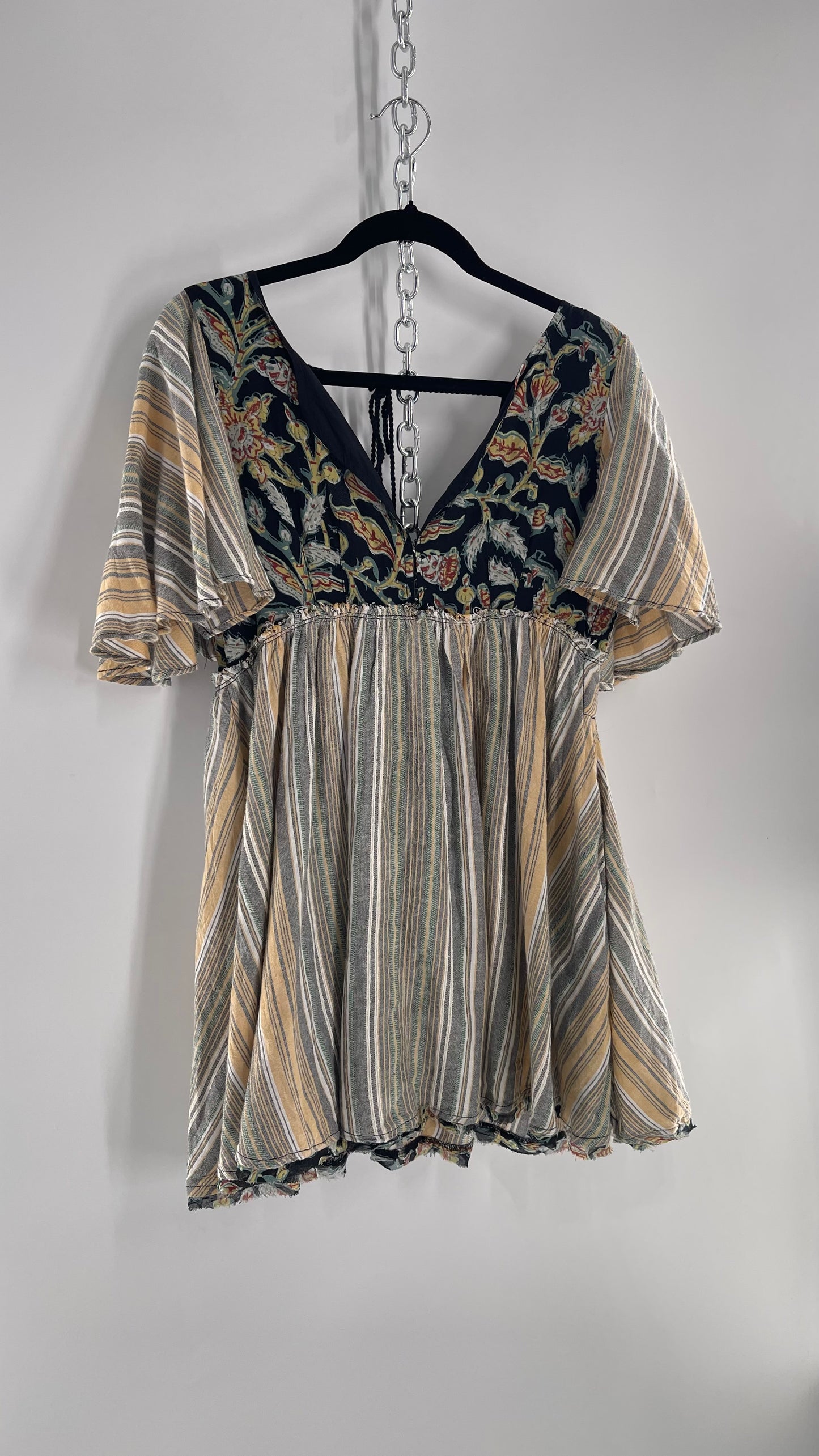Free People Dual Fabric Floral/Woven Boho Babydoll Mini Dress (XS)