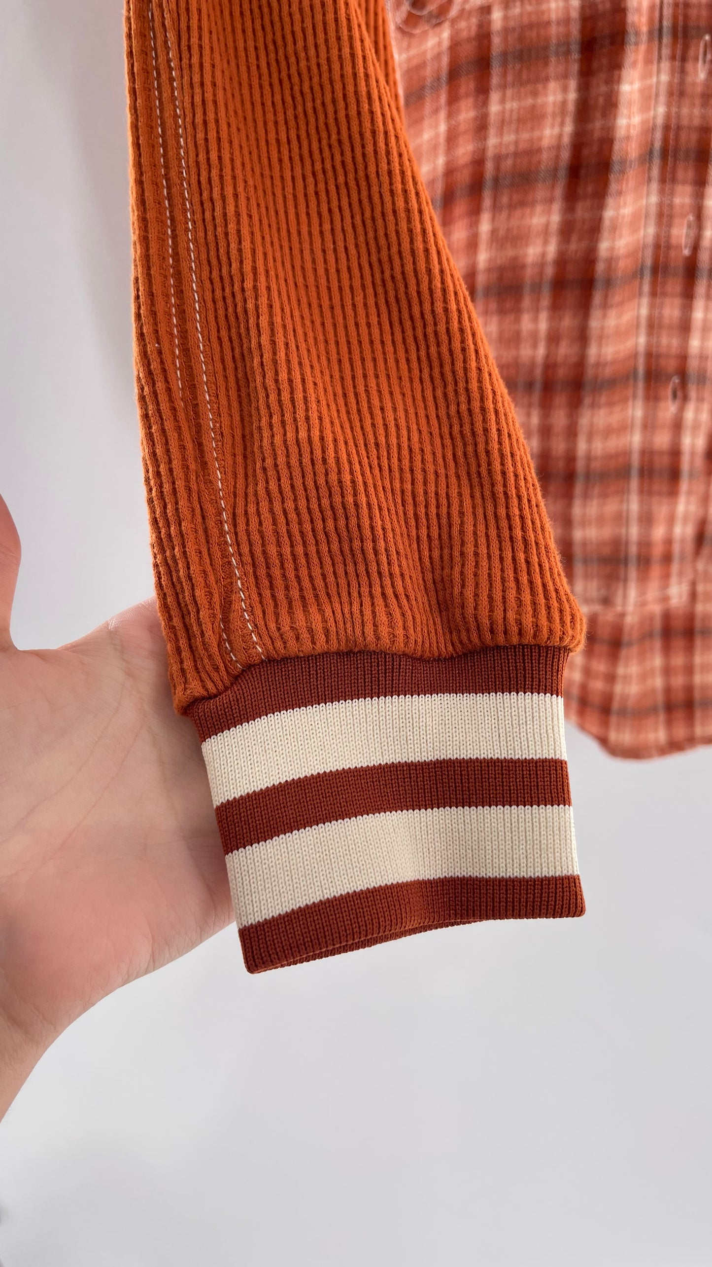 BDG Burnt Orange Flannel with Waffle Knit Sleeves (XS)