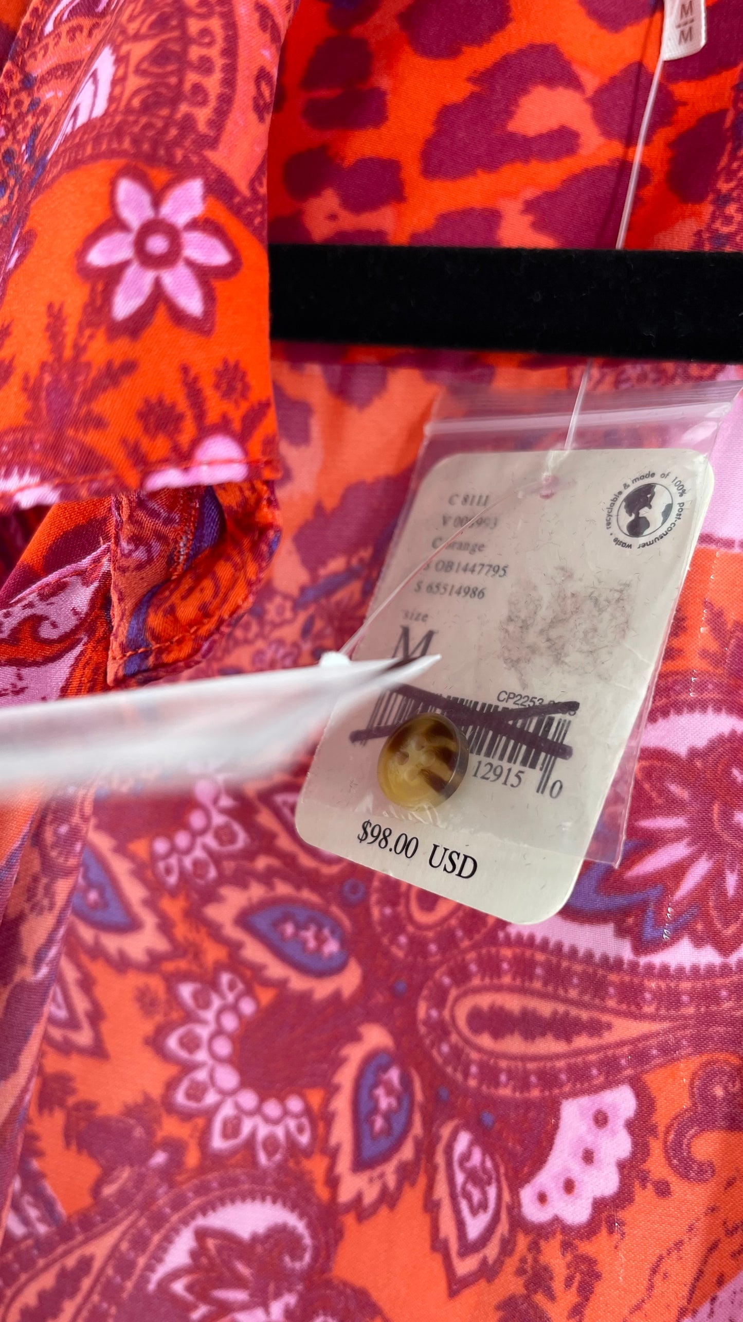 Free People Red, Neon Orange Leopard Paisley Patterned Button Front(Medium)