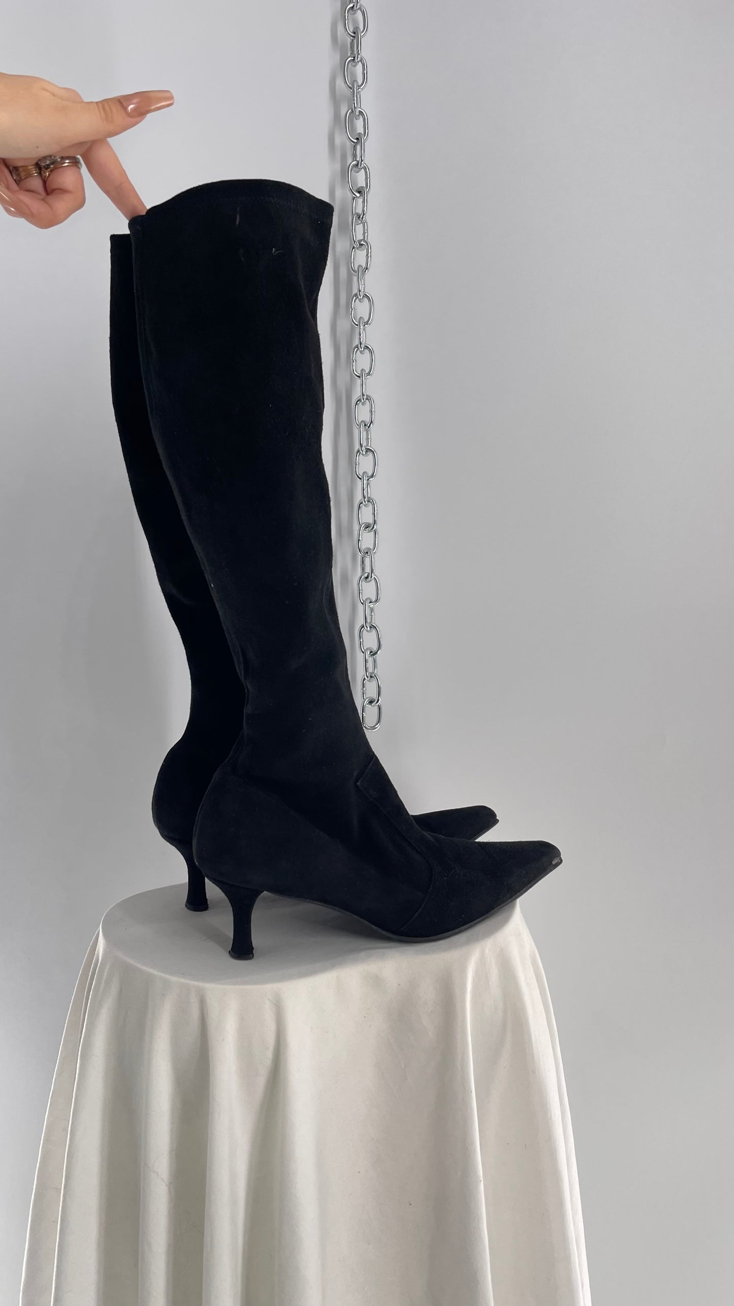 Vintage 1990s Stuart Weitzman Black Suede Leather Kitten Heel Pointed Toe Knee Highs (8.5)