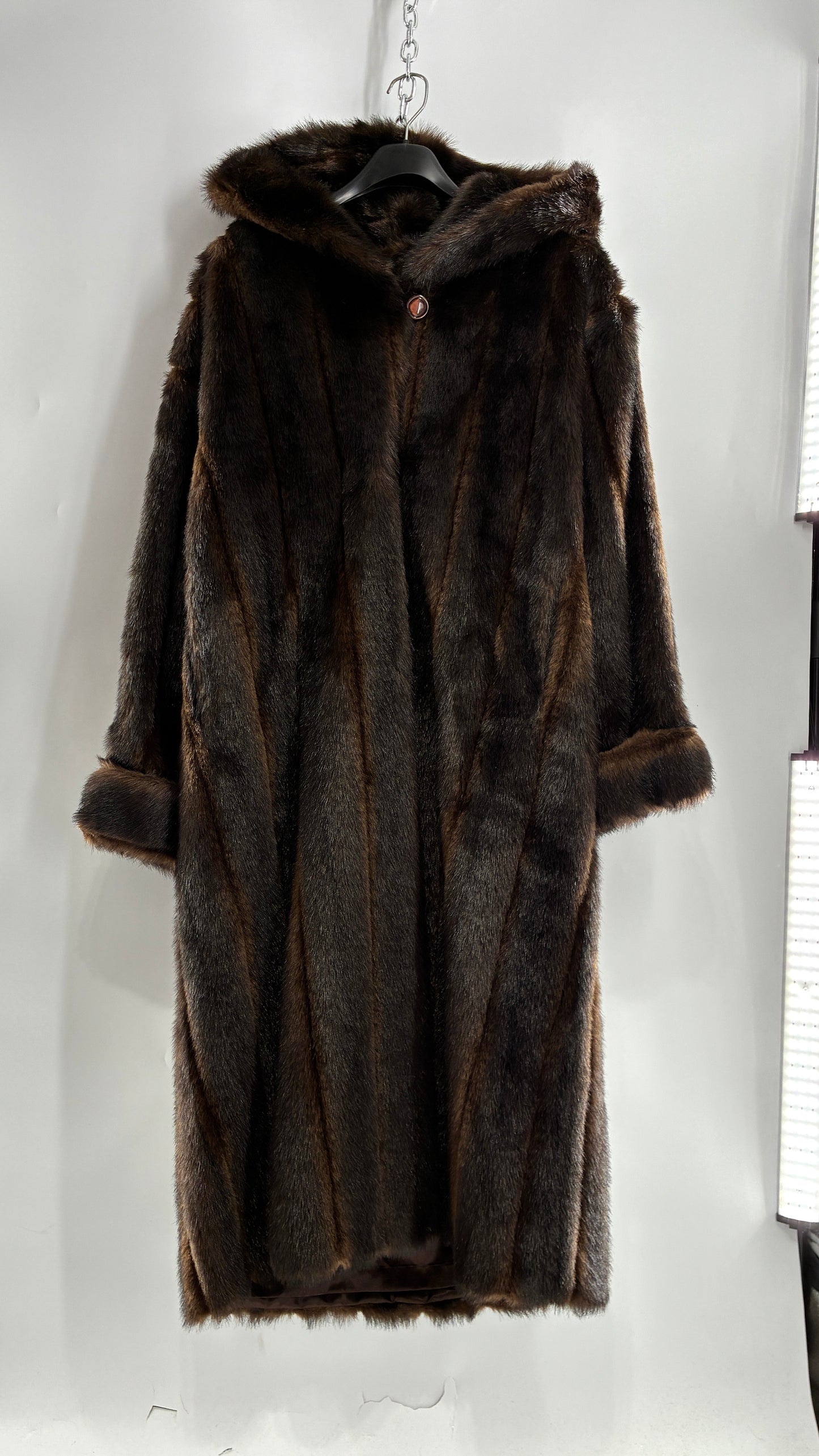 Vintage TALLY HO Hooded and Paneled, Vegan Fur Full Length Coat (Medium)