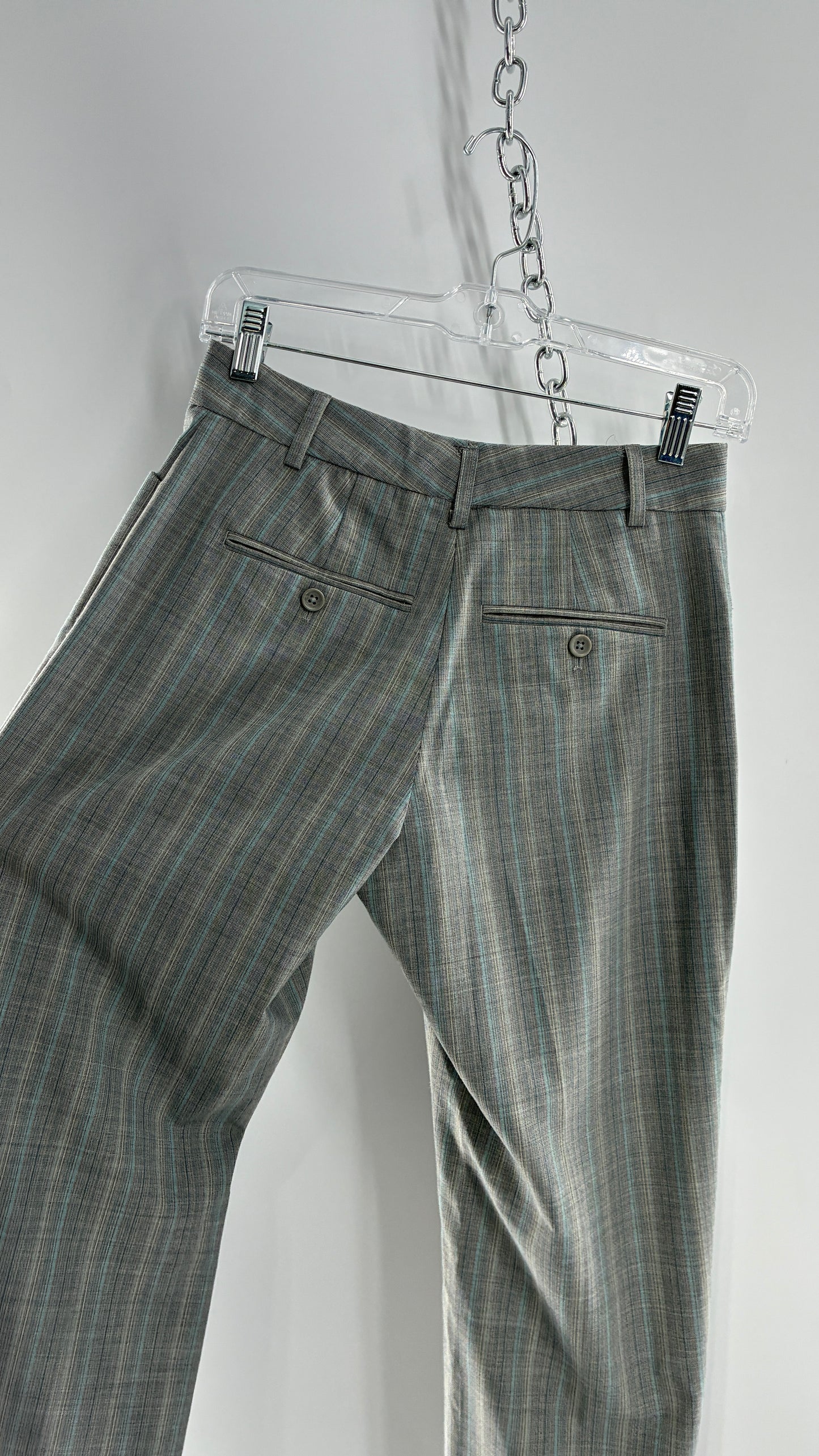 Vintage 1990s EXPRESS Editor Iconic Grey and Blue Low Rise Kickflare Pants (1)