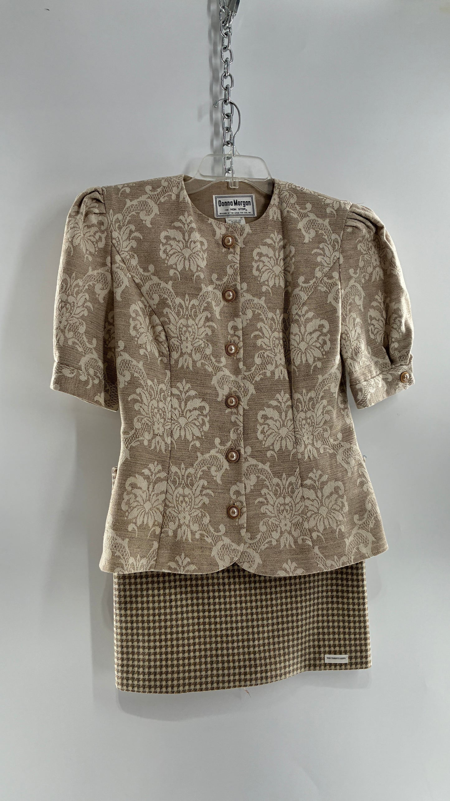 Vintage Suit Set with DONNA MORGAN Jacquard Puff Sleeves Tailored Slim Waist Suit Jacket with Upcycled Woven Mini Skirt (6)