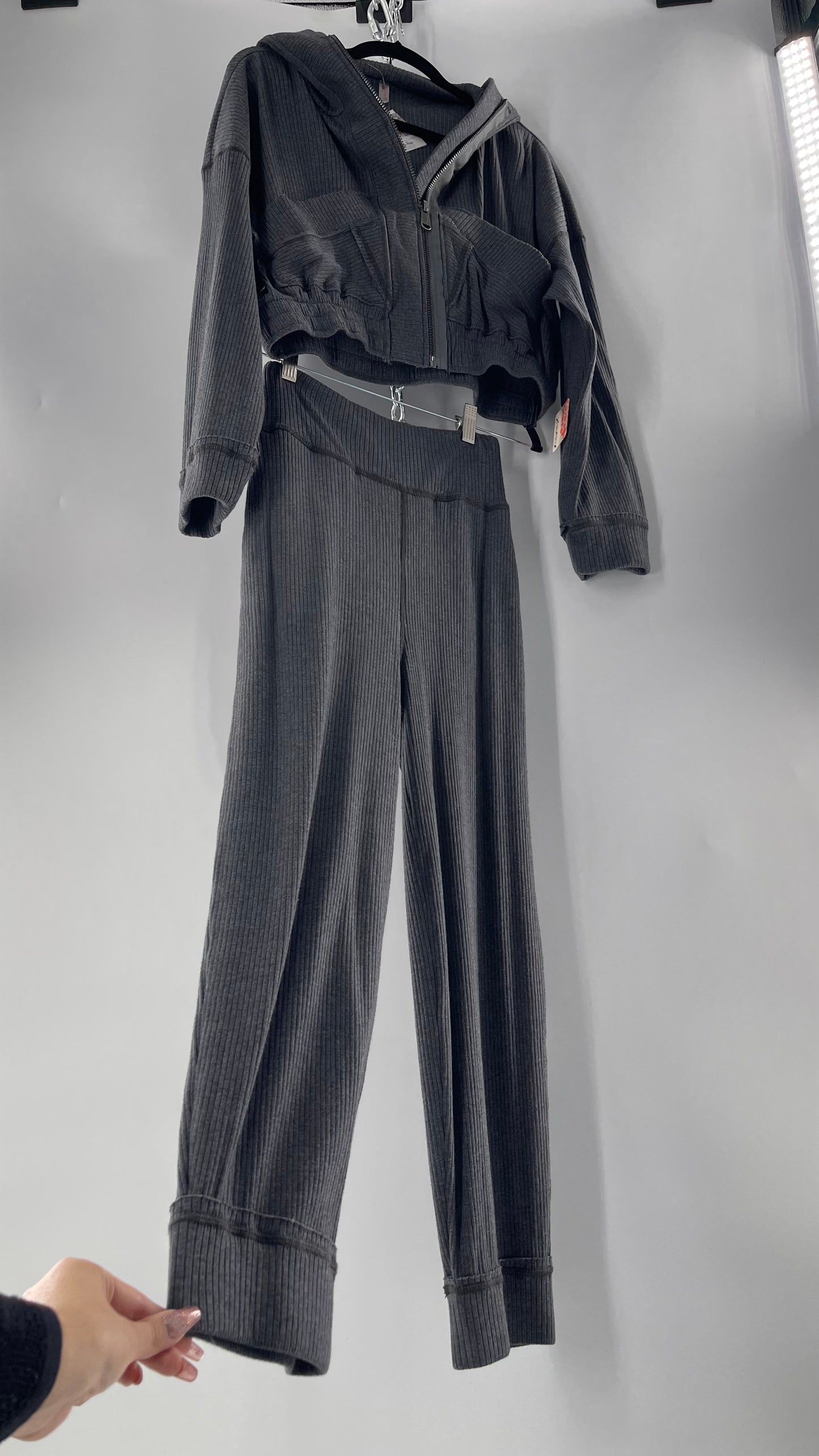 Free People Charcoal Slate Gray 2 Piece Set with Cropped Hoodie and Jogger Sweats with Tags Attached (XS)