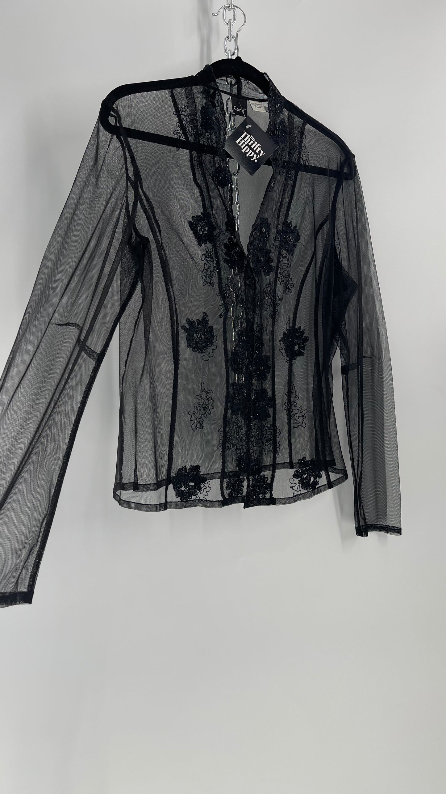 Vintage CAMI Black Mesh Long Sleeve with Embroidered and Beaded Neckline with Exaggerated Seams (Large)