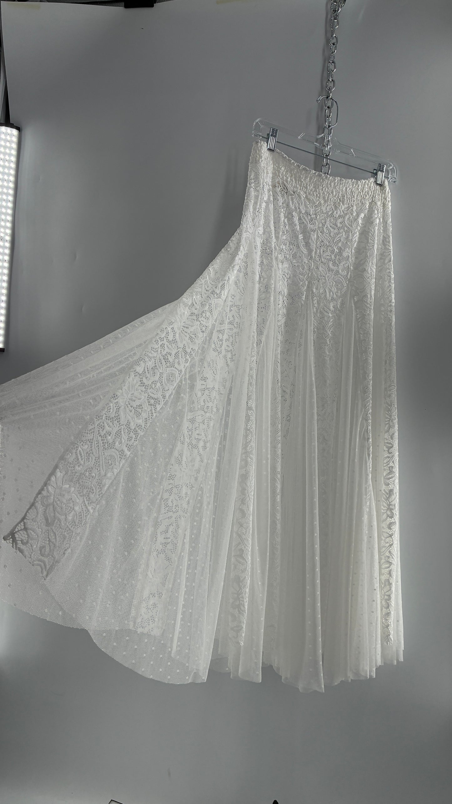 Intimately Free People White Lace and Polka Dot Mesh Voluminous Full Length Skirt (Medium)