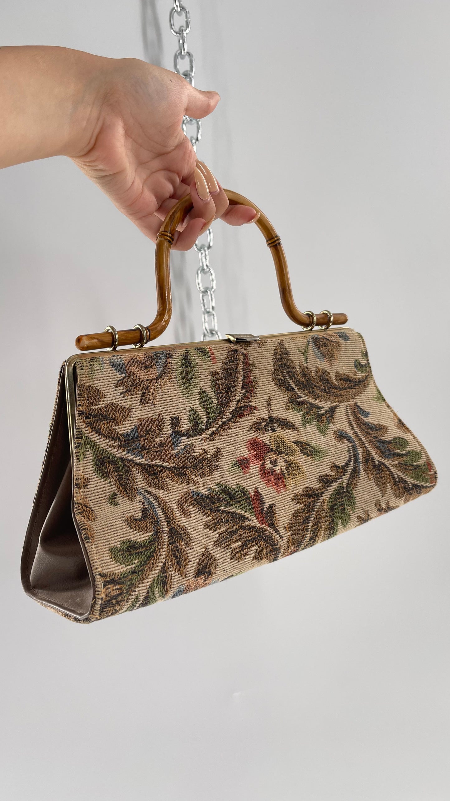 Vintage Tapestry Bag with Bronze Metal Clasp and Bamboo Handle