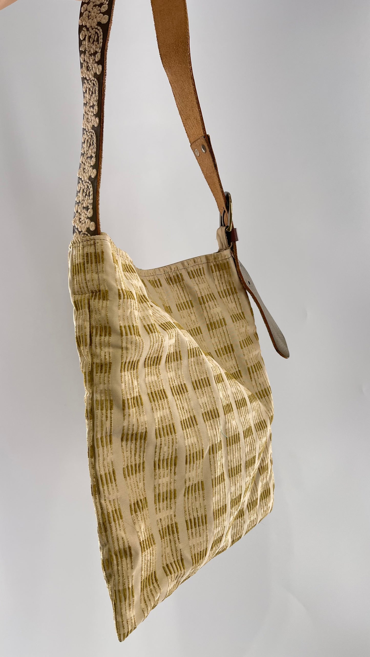 Tote with Embroidered Gold Exterior, Embroidered Leather Strap and Leather Interior - Shown Reversed