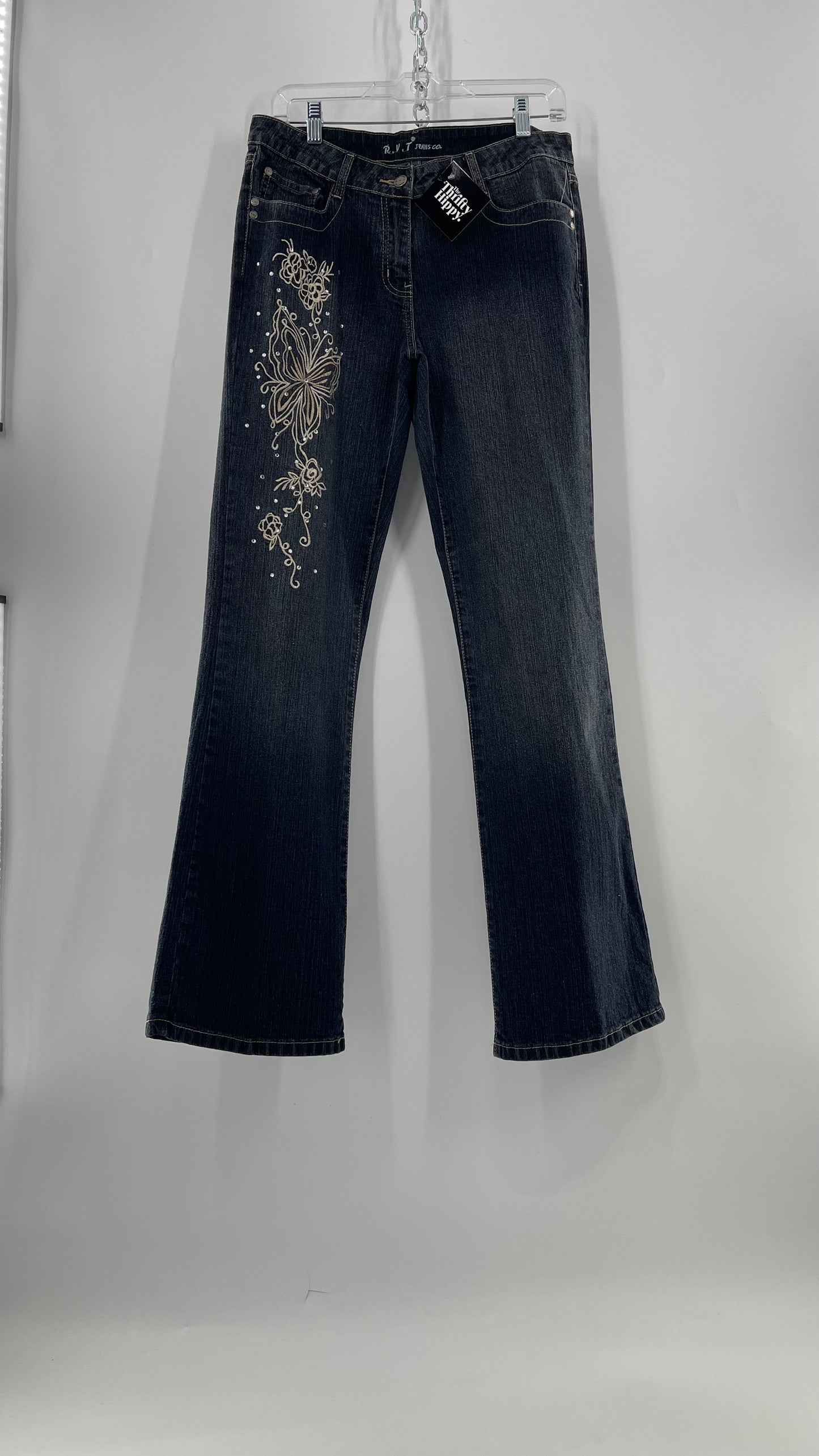 Vintage RVT Grey Kickflare Jeans with Butterfly Embroidery and Rhinestone Embellishment (9/10)