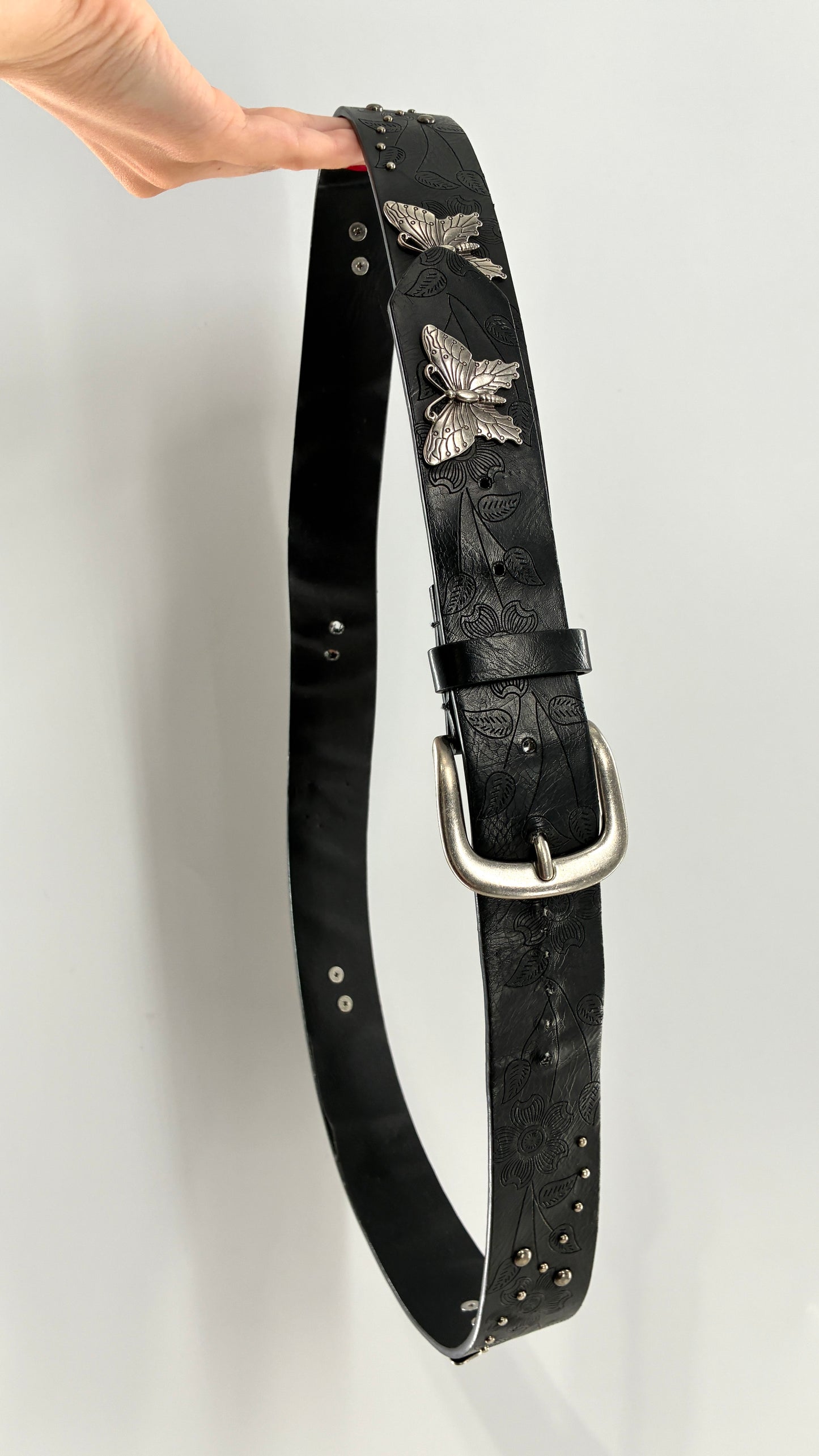 Vintage Distressed Black Embossed Belt with Silver Metal Butterfly Medallions (XL)