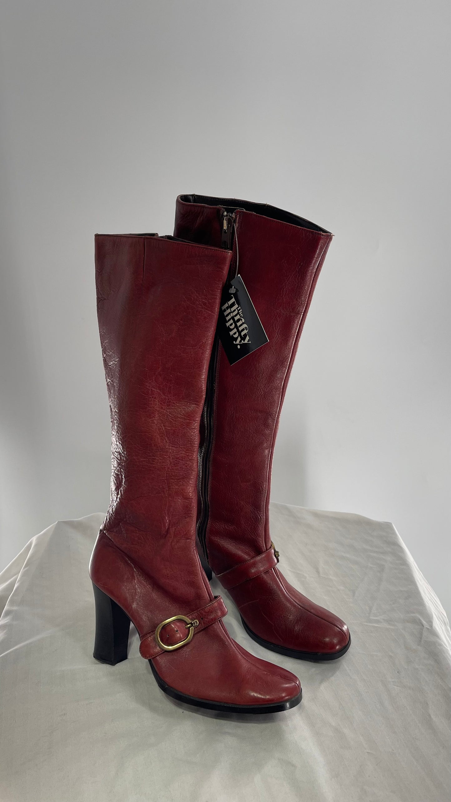 Vintage Etienne Aigner Red Italian Leather Boots with Buckle Strap (8.5)