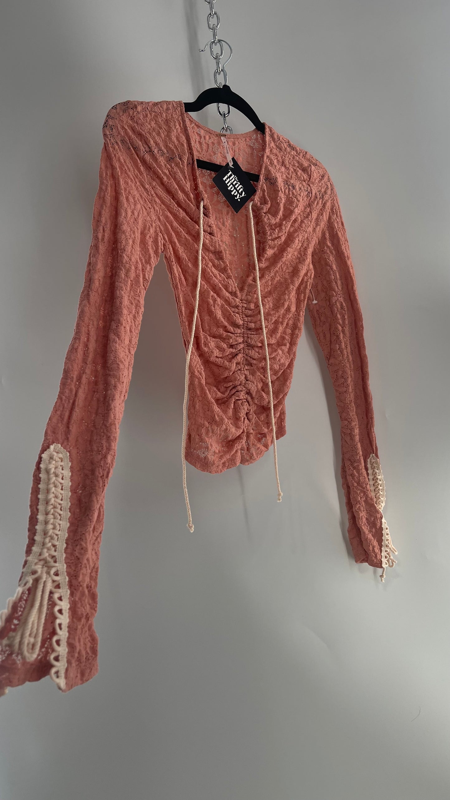 Free People Pink Lace Long Sleeve with Beige Lace Up Sleeve Detail (XS)