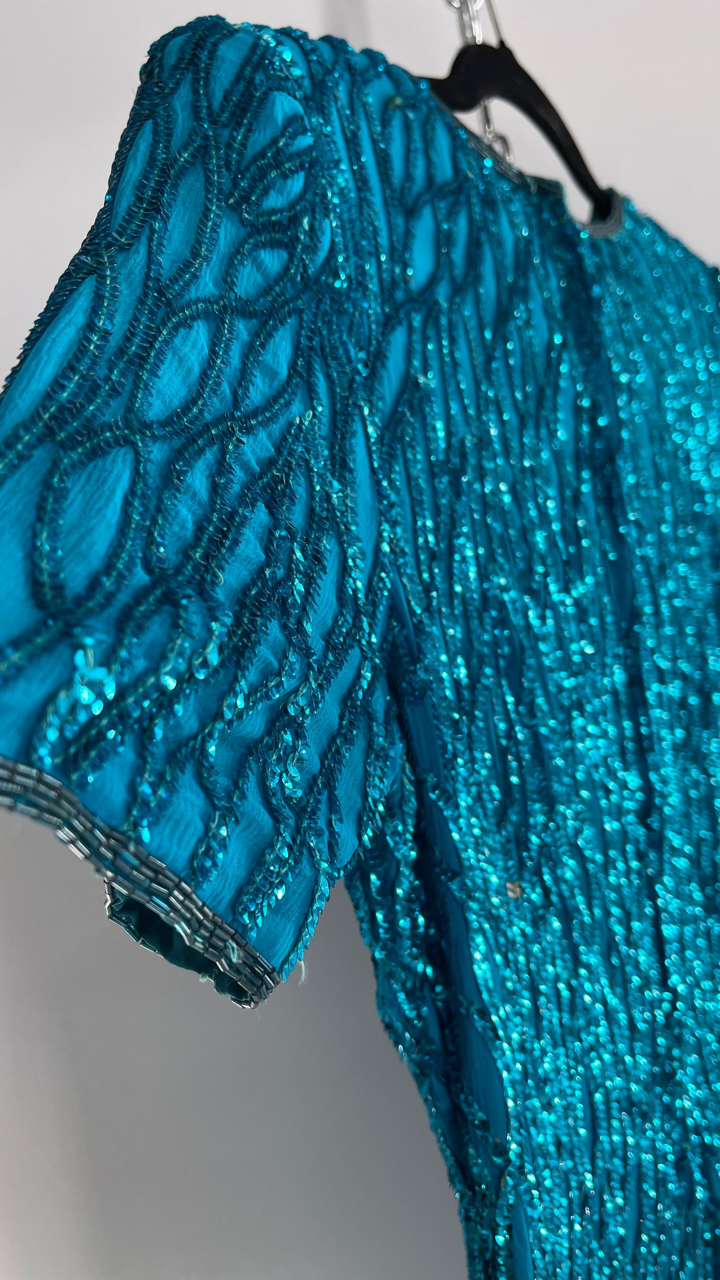 Vintage Sténay 100% Silk Bright Blue Sequin Mini Dress (4)