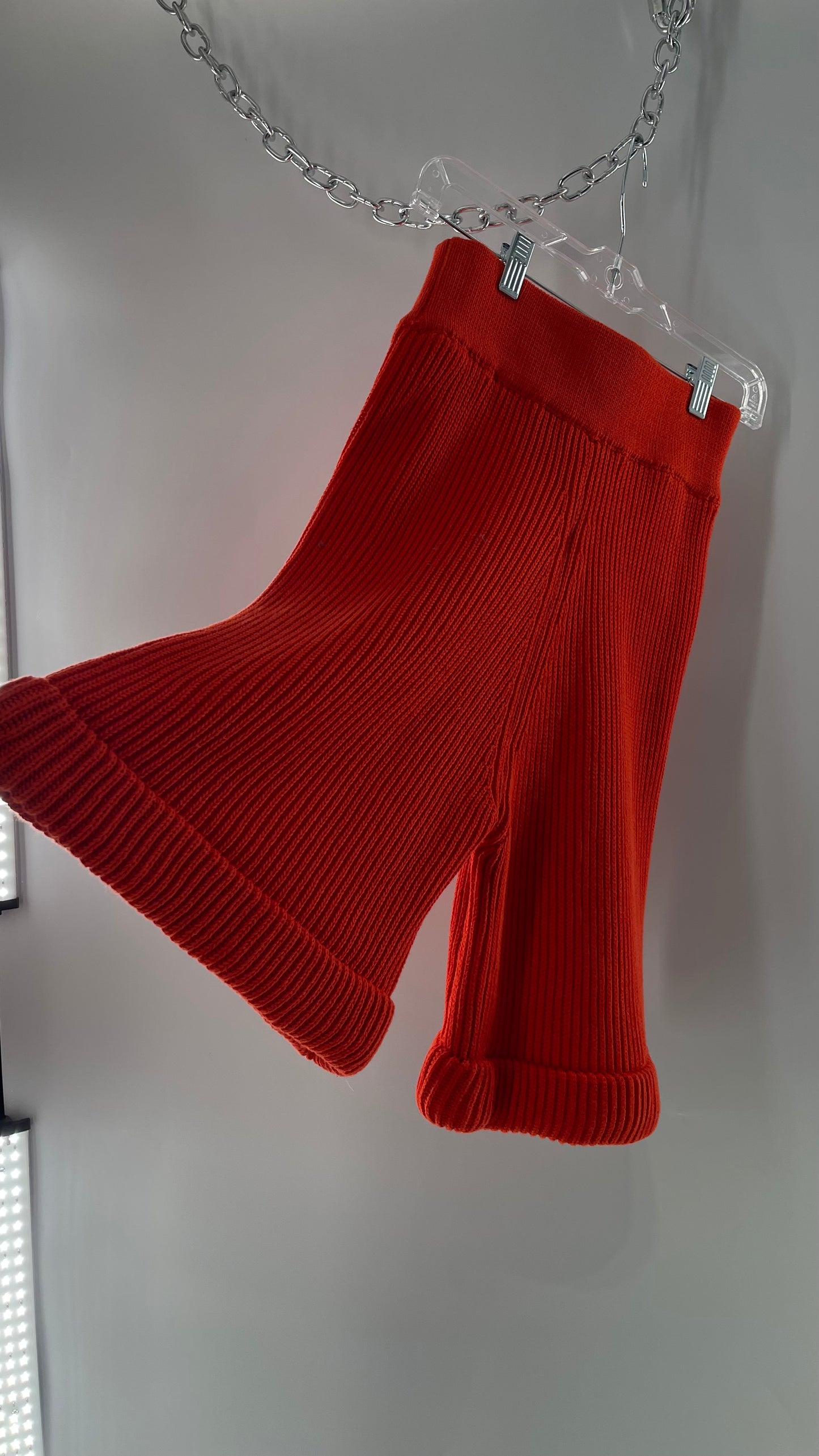 Free People Orange Red Thick Knit Cartoon High Waist Flare Shorts (XS)