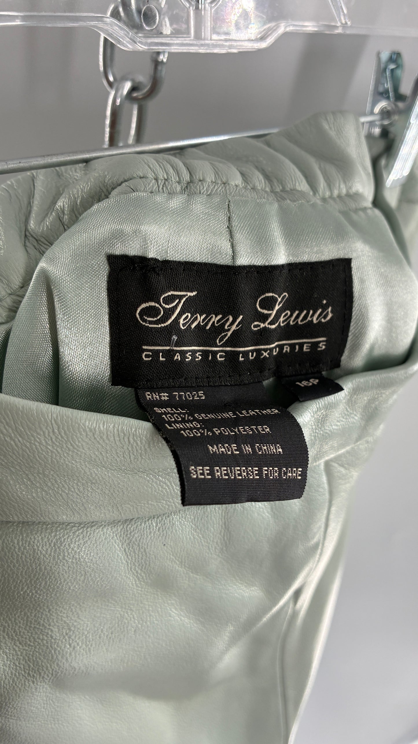 Vintage TERRY LEWIS Classic Luxuries Muted Seafoam, Genuine Leather Trousers with Silky Soft, Satin Lining (16P)