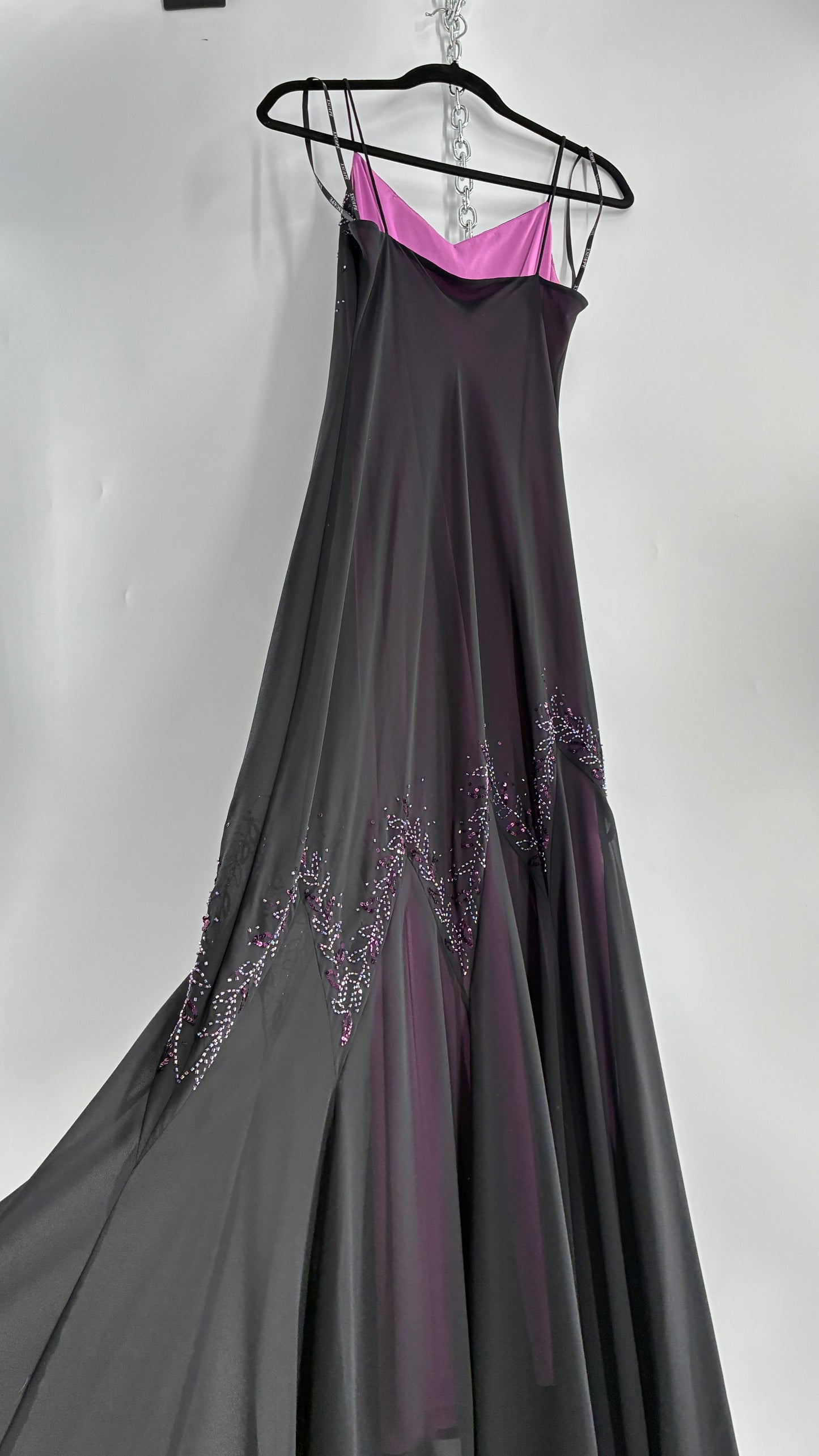 Vintage XSCAPE Full Length Black Beaded Gown with Purple Underlay (4)