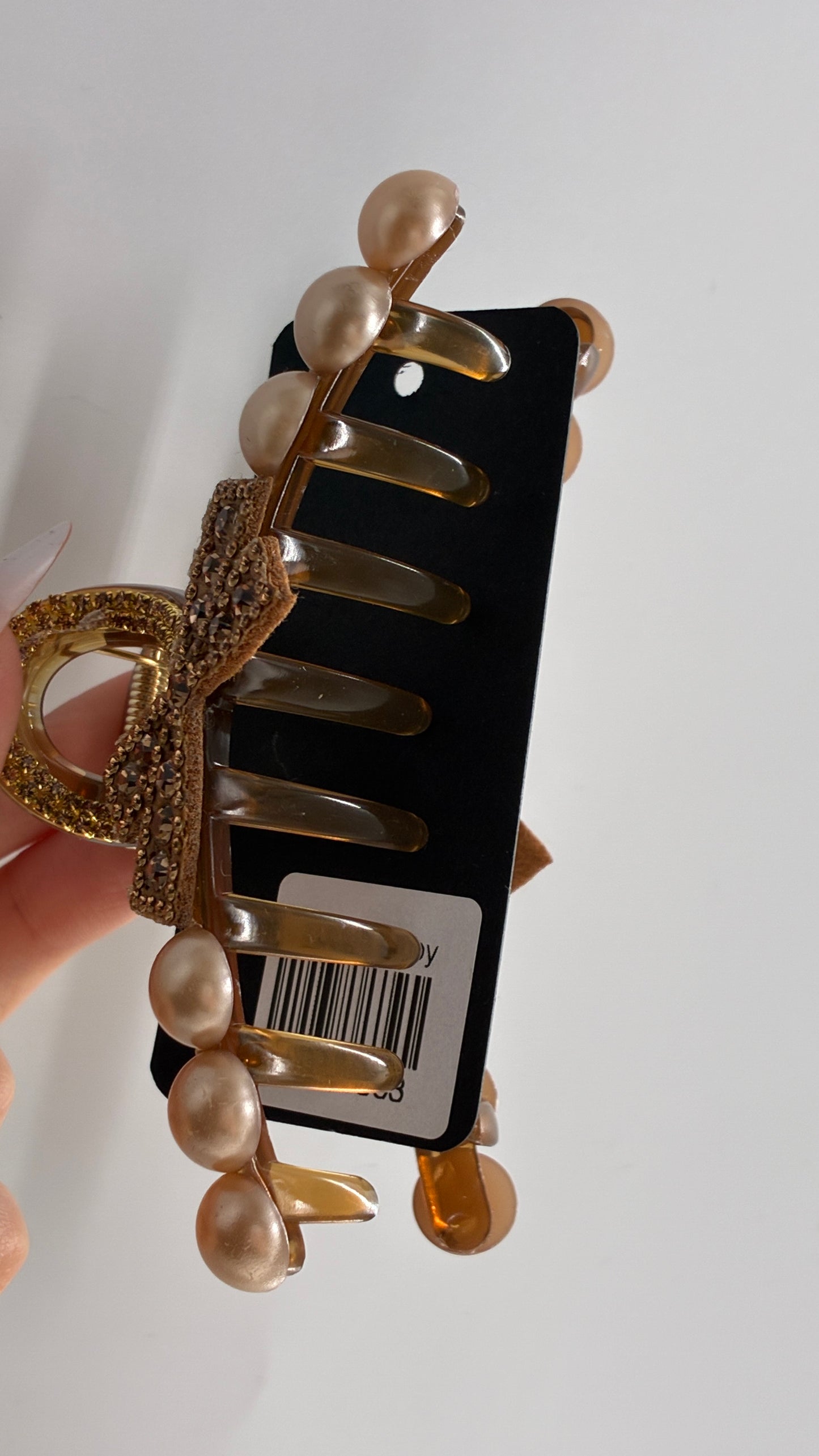 Tan Pearl Rhinestone Claw Clip