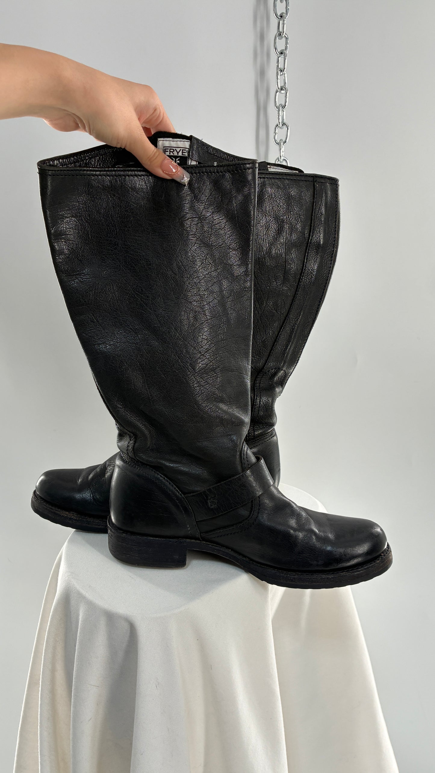 Vintage FRYE Veronica Tumble Shiny Black Leather Slouch Boot (8)