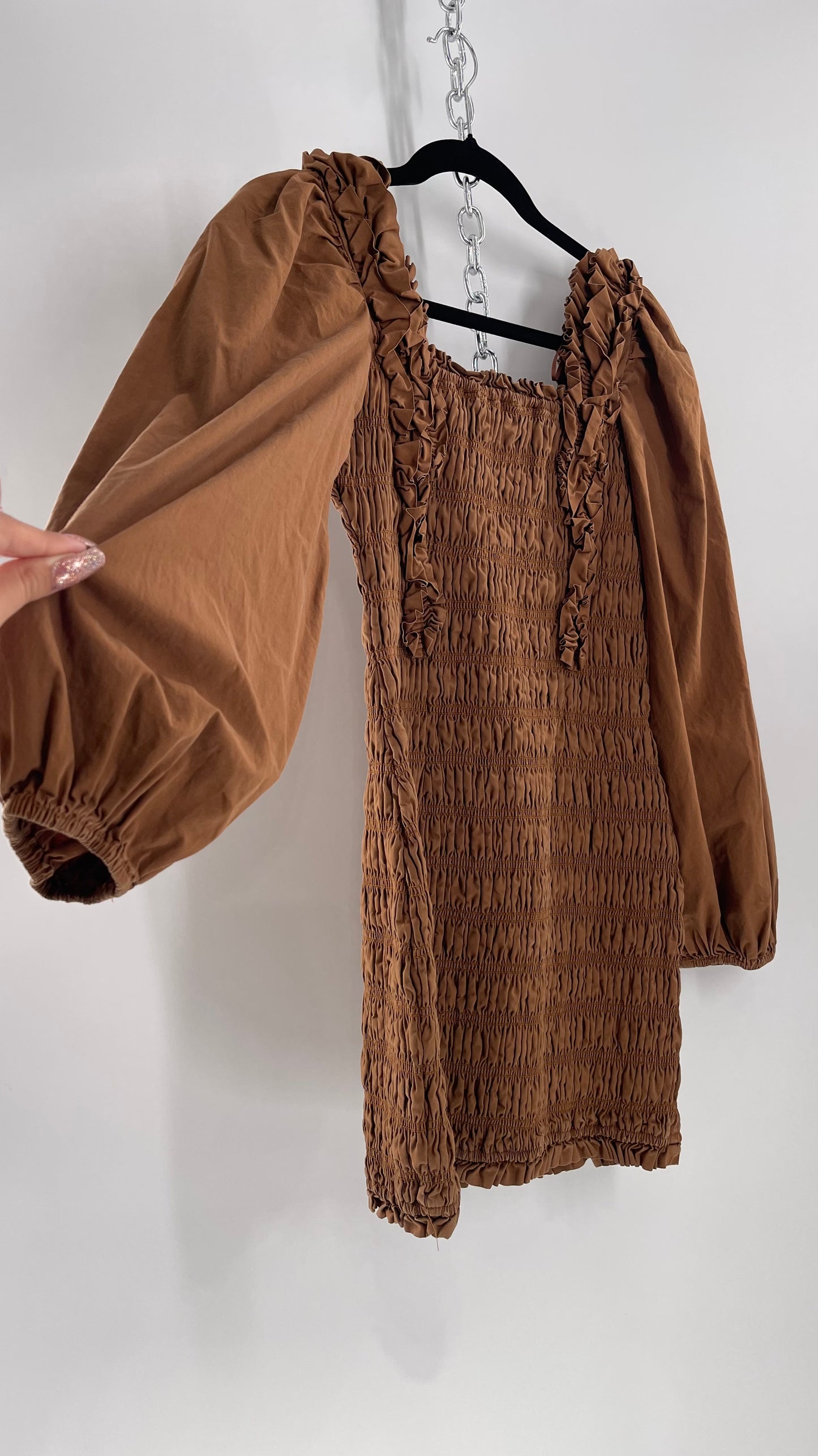 Endless Rose Anthropologie Brown Smocked Ruffle Front Puff Sleeve Mini Dress (Medium)