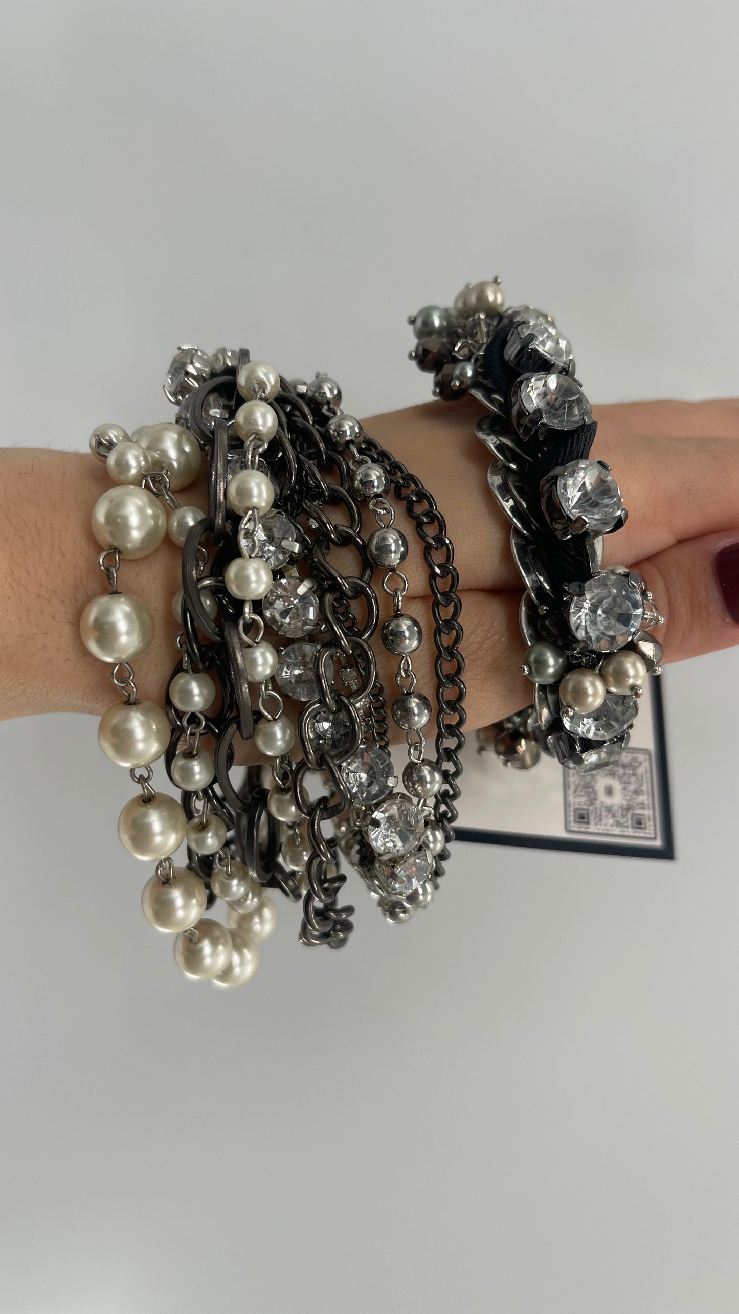 Vintage Heavy Layered Pearl Gunmetal Chain and Oversized Rhinestone 2pc Bracelet Set