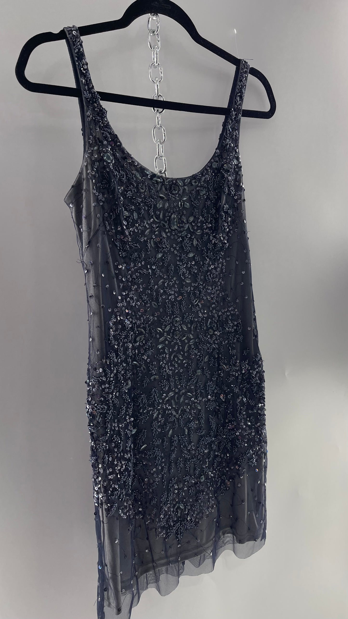 Vintage Cache Moonlight Grey/Navy Blue Tunic Mini Dress with Accentuating Placement of Beads, Sequins and Embroidery Details (2)