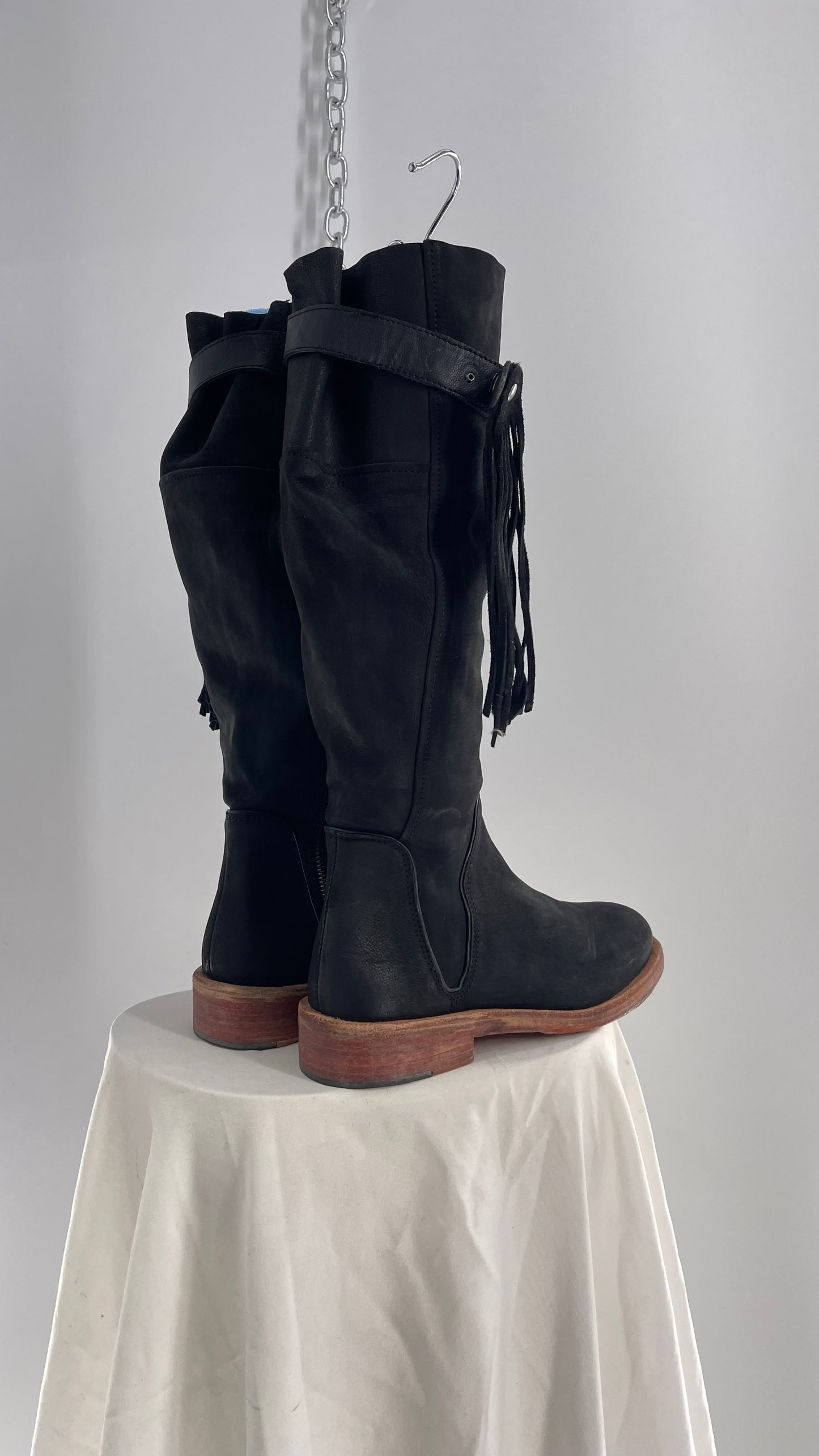 Free People Sayre Banks Slouchy Black Suede Leather Knee High Tassel Side Buckle Boot (38)
