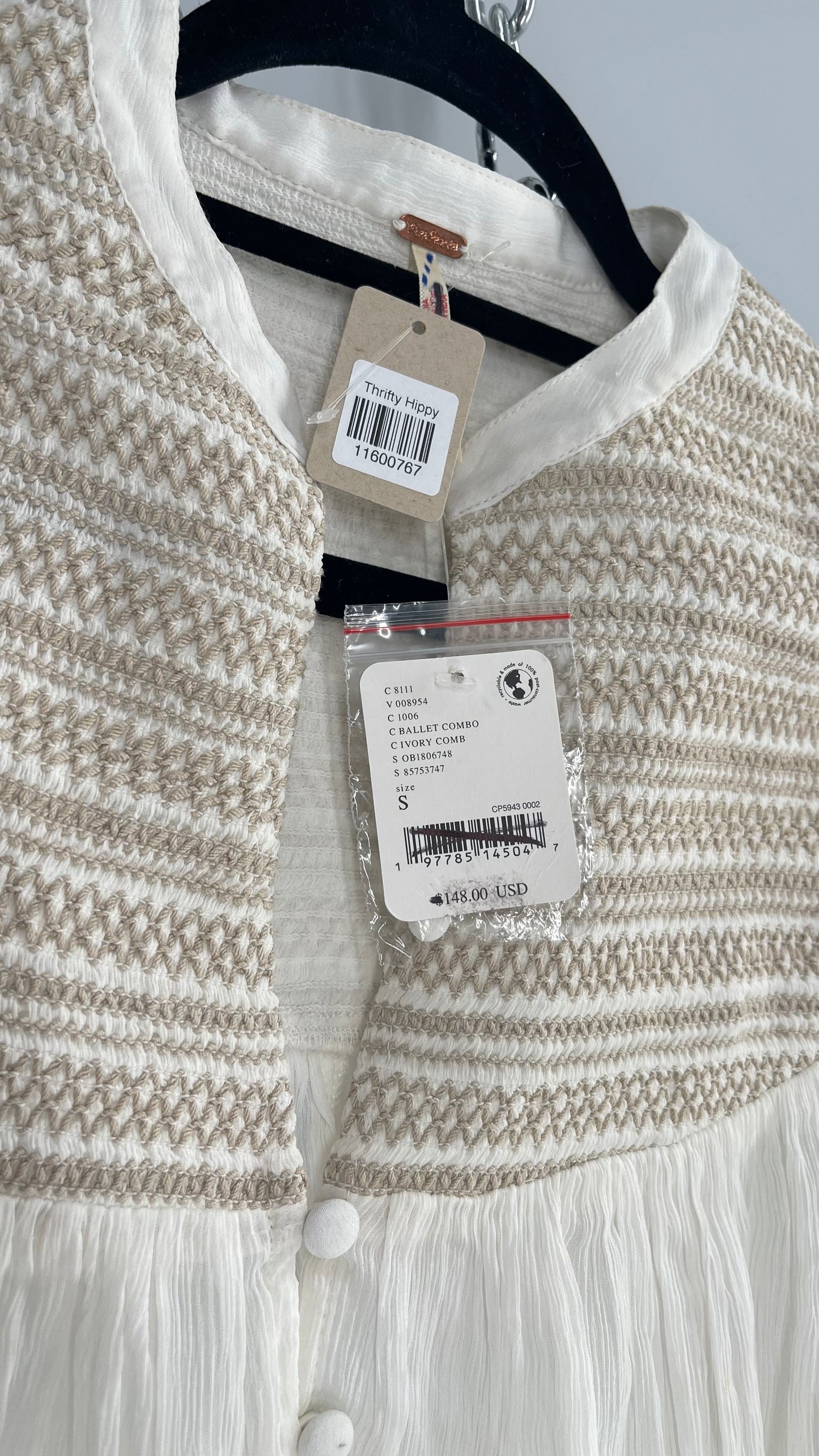 Free People Off White Draped Sleeve Button Front Embroidered Neckline Blouse with Tags Attached (Small)