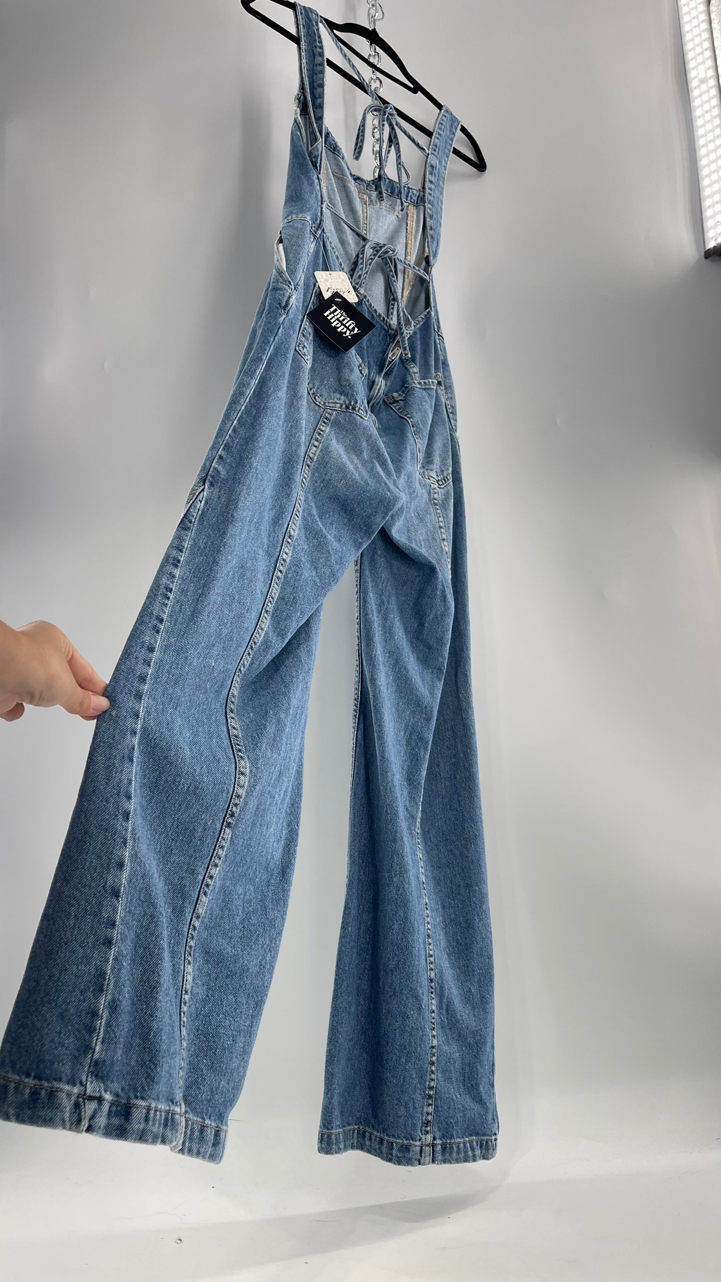 Free People Denim Backless Wide Leg Jumpsuit with Tags Attached (Small)