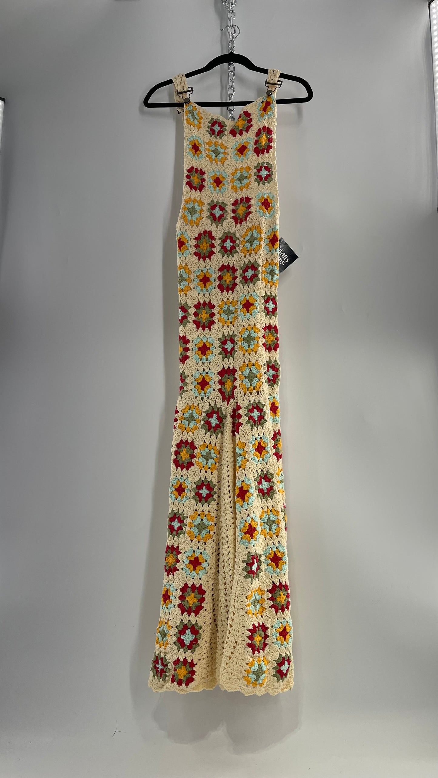 Free People Flook Beige Heavy Weight Crochet Granny Patchwork Overall Dress (Small)