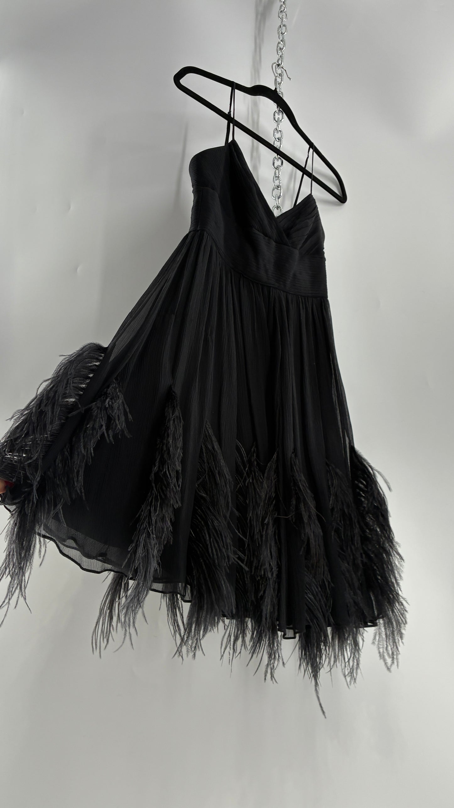 Vintage BCBGMAXAZRIA Crimped Black Dress with Ostrich Feather Details (6)