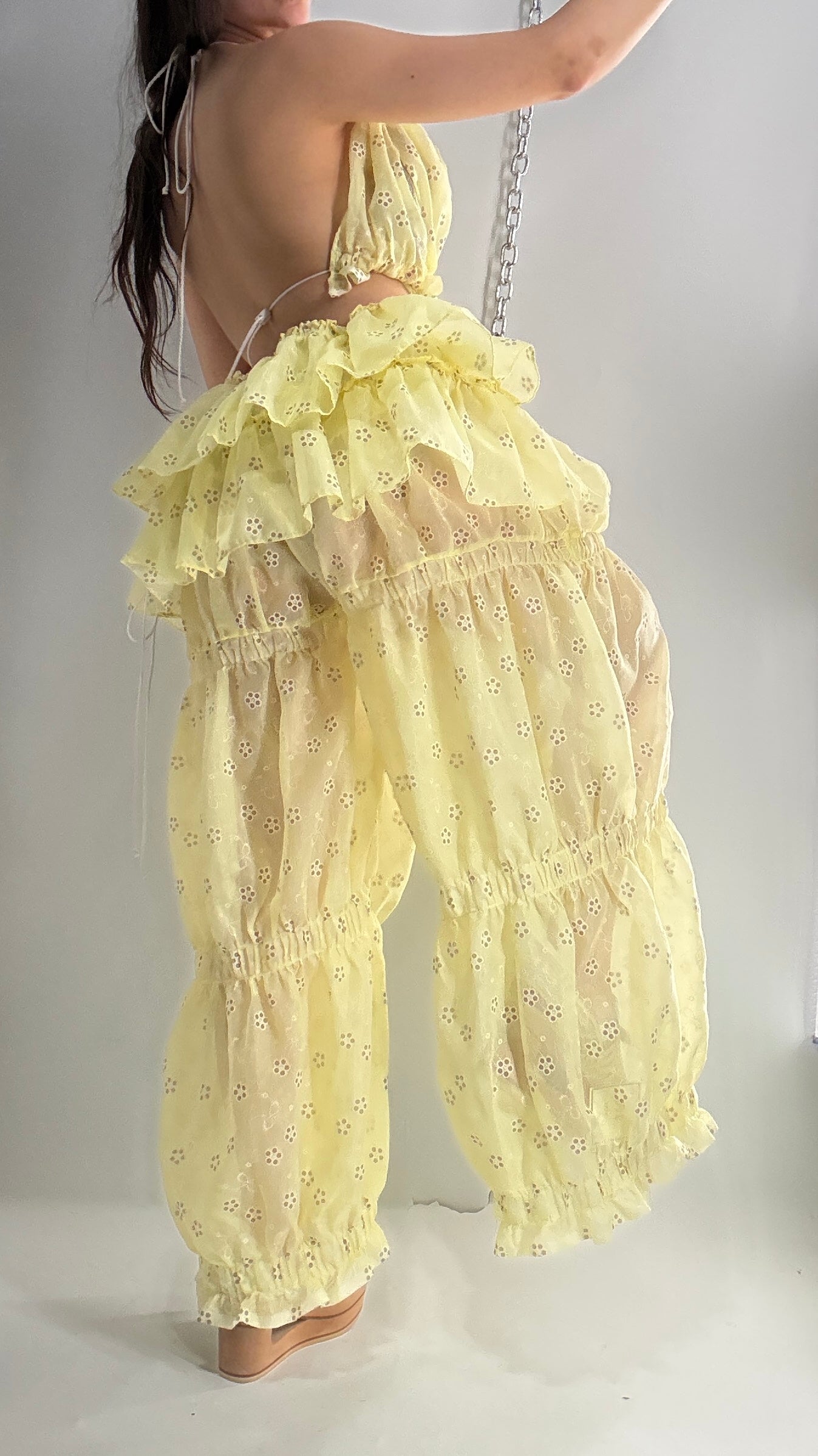 Vintage Handmade 2pc Baby Yellow Set with Tiered Pants, Ruffled Bum, and Floral Eyelet Pattern (XS-M)