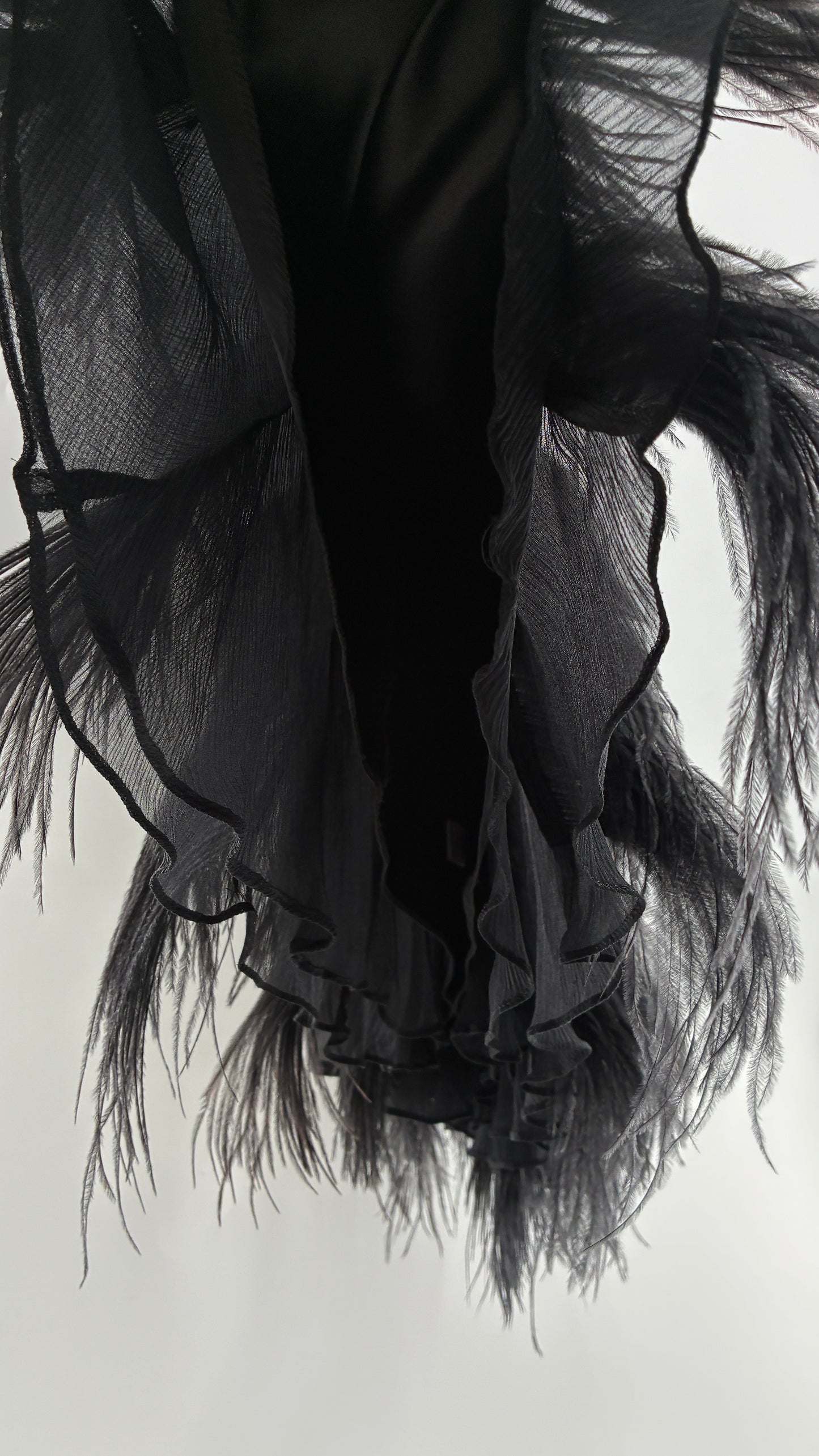 Vintage BCBGMAXAZRIA Crimped Black Dress with Ostrich Feather Details (6)