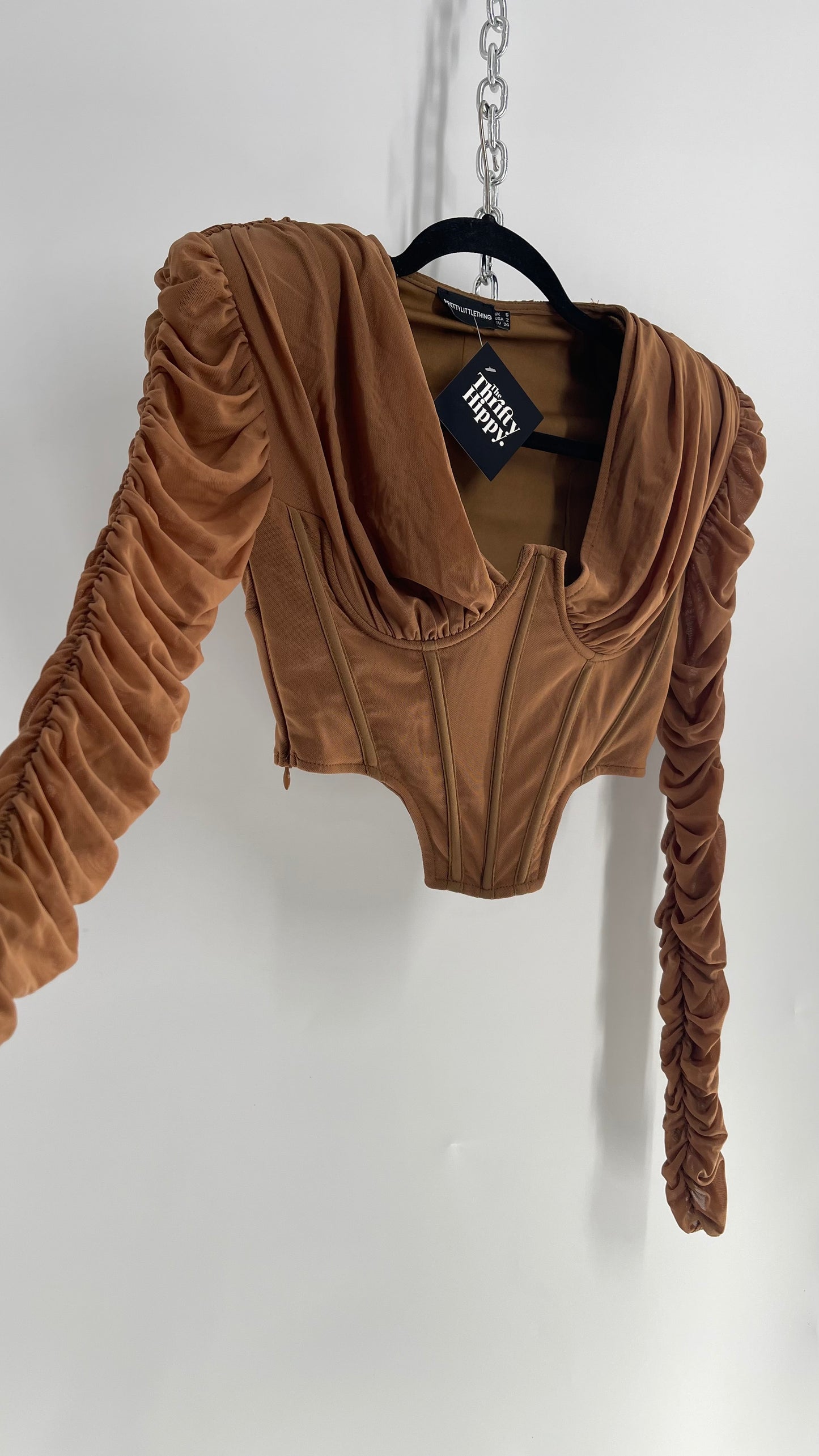 PRETTY LITTLE THING Brown Ruched Sleeve, Draped Bust, Corset Top (XS)