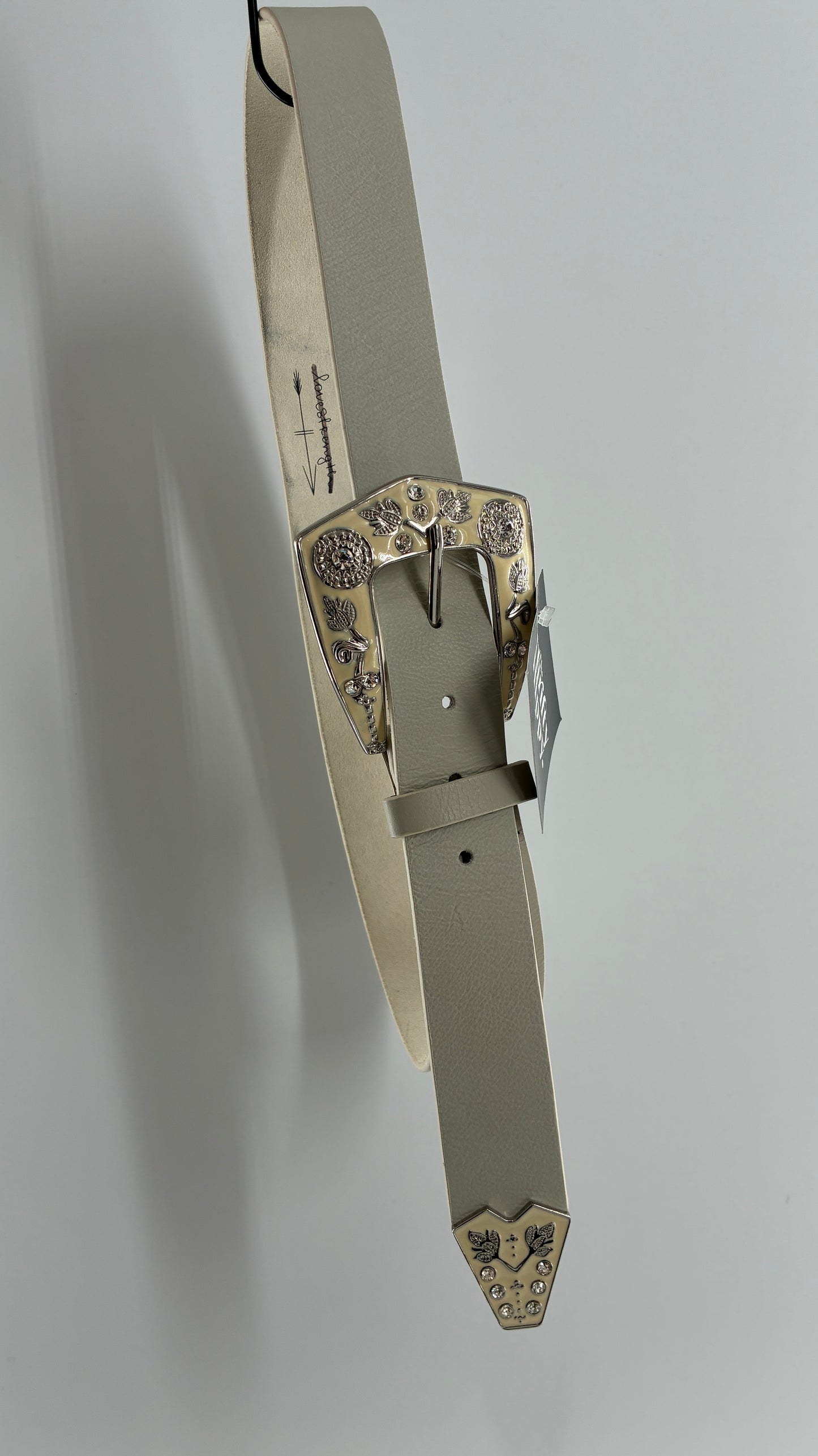 LoveStrength Anthropologie Off White Leather Belt with Oversized Dramatic Buckle (M/L)