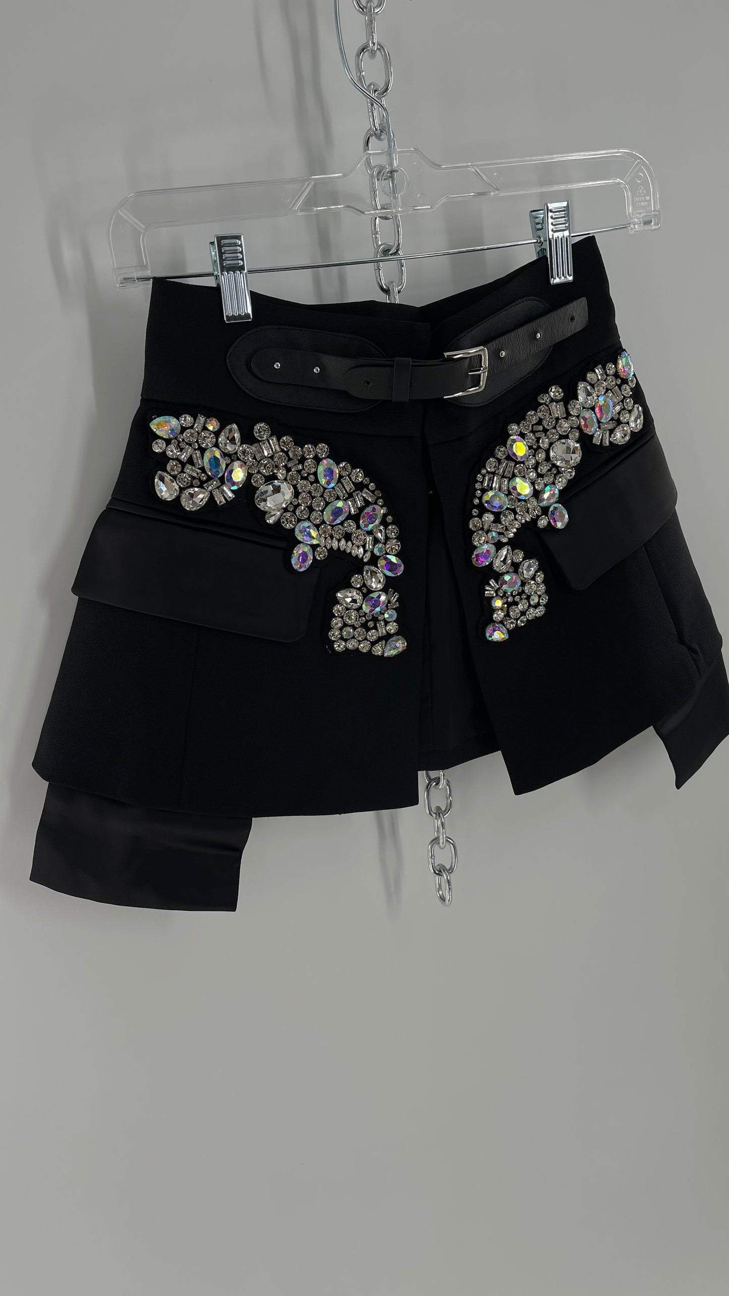 Black Skirt Belt Covered in Crystal Embellishments with Satin Flap Pockets (Medium)