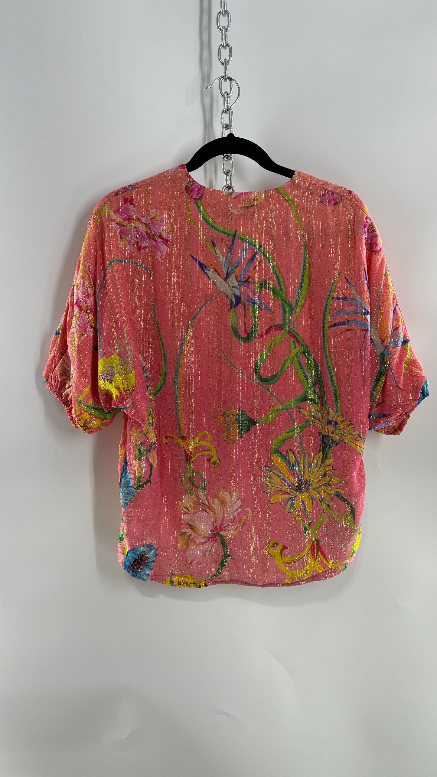 JUST BELLINA Pink Tropical Patterned Puff Sleeve Blouse with Gold Threading and Tags Attached (Small)