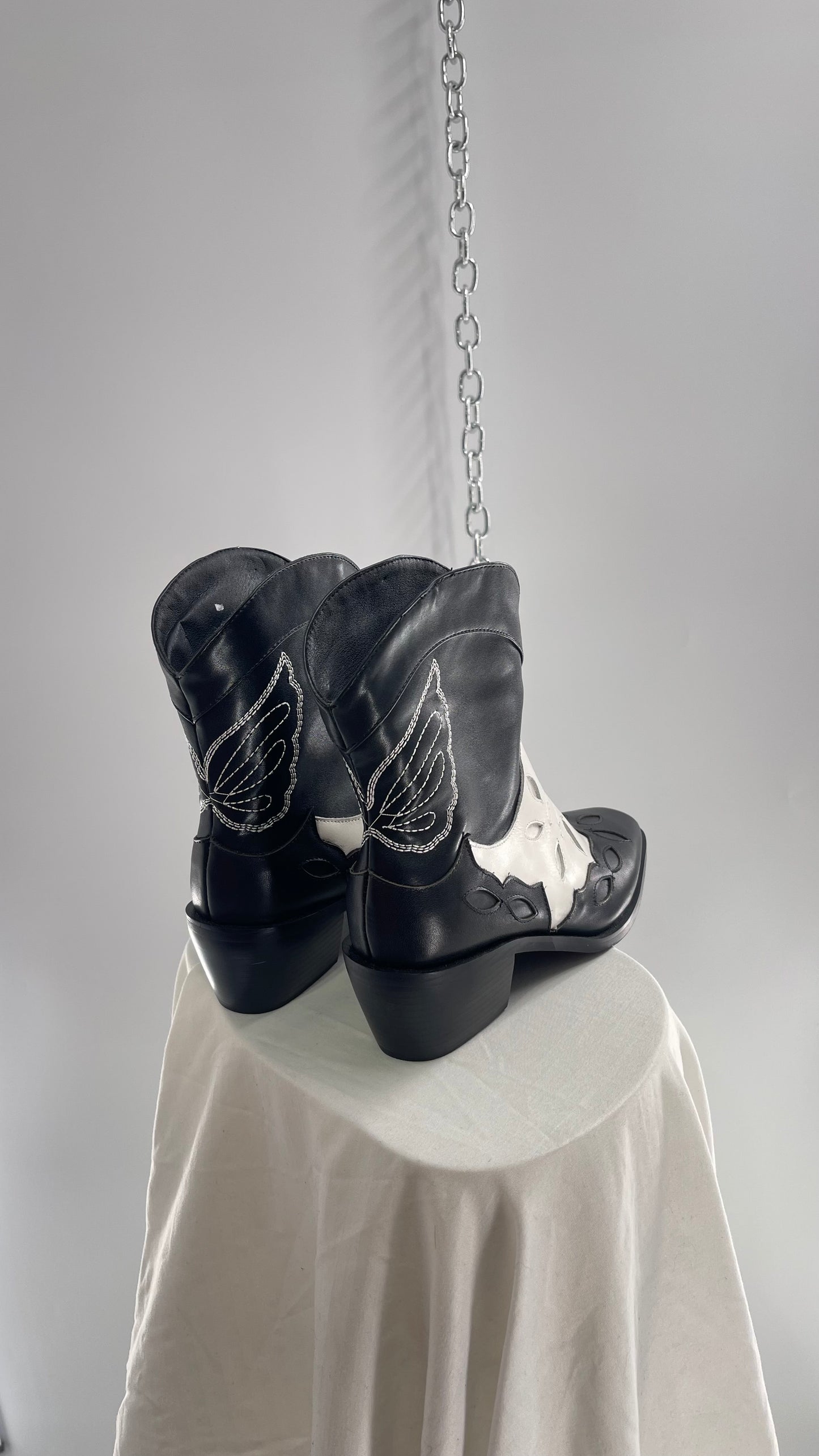 Black and White Cowboy Boots with Embroidered Butterfly Wings on Back (40)