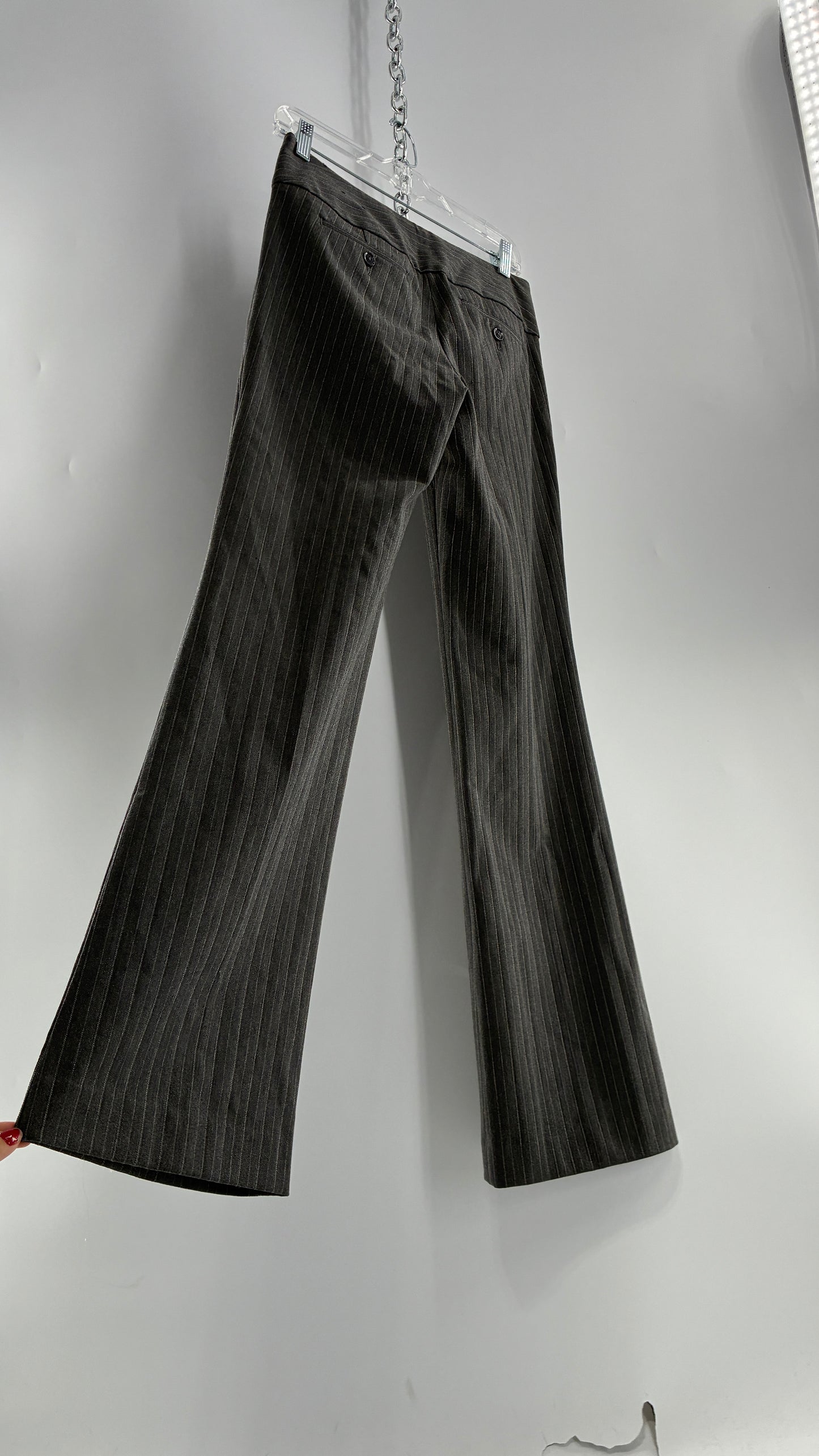 Vintage 1990s EXPRESS Editor Dark Grey Pinstripe Ultra Low Rise Thick Hip Band Kick Flares (2)