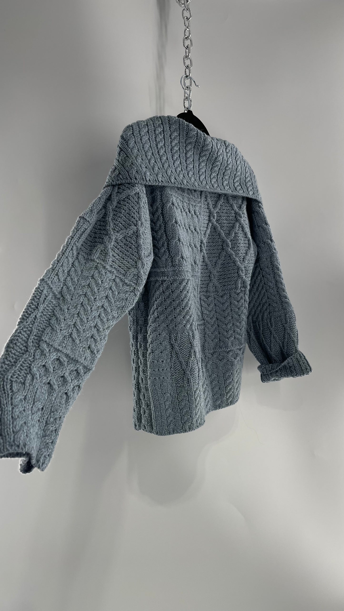 Authentic Irish Aran Sweater Market Slate Blue Aran Stitch Sweater with Oversized Wooden Button Detail and Certificate of Authenticity (Small)