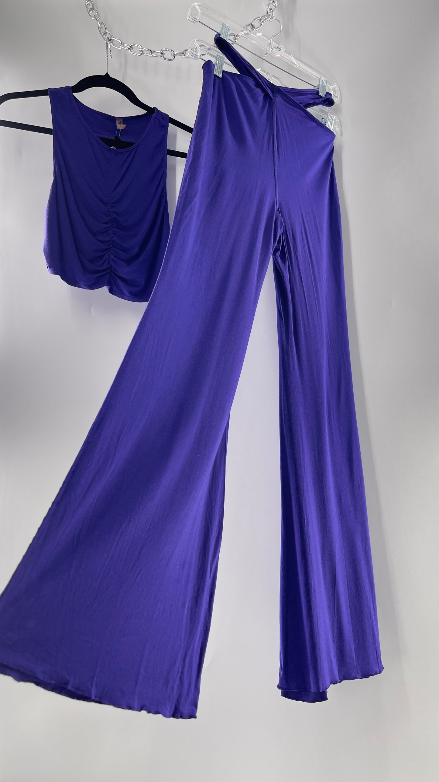 Free People 2 Piece Cobalt Purple Ruched Tank+ Cut Out Hip Strap Detail Flared Bottoms Set (Small)