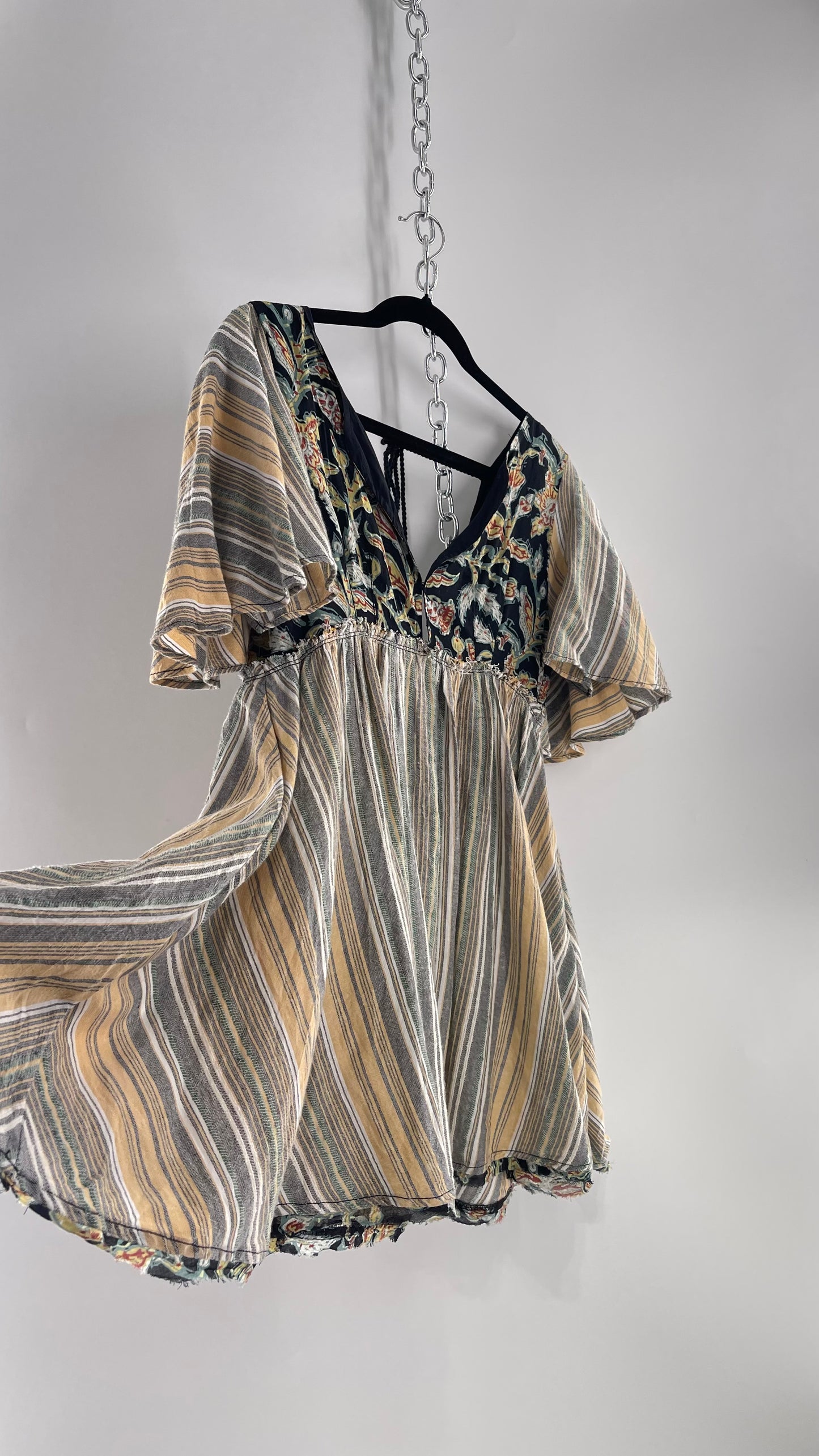 Free People Dual Fabric Floral/Woven Boho Babydoll Mini Dress (XS)