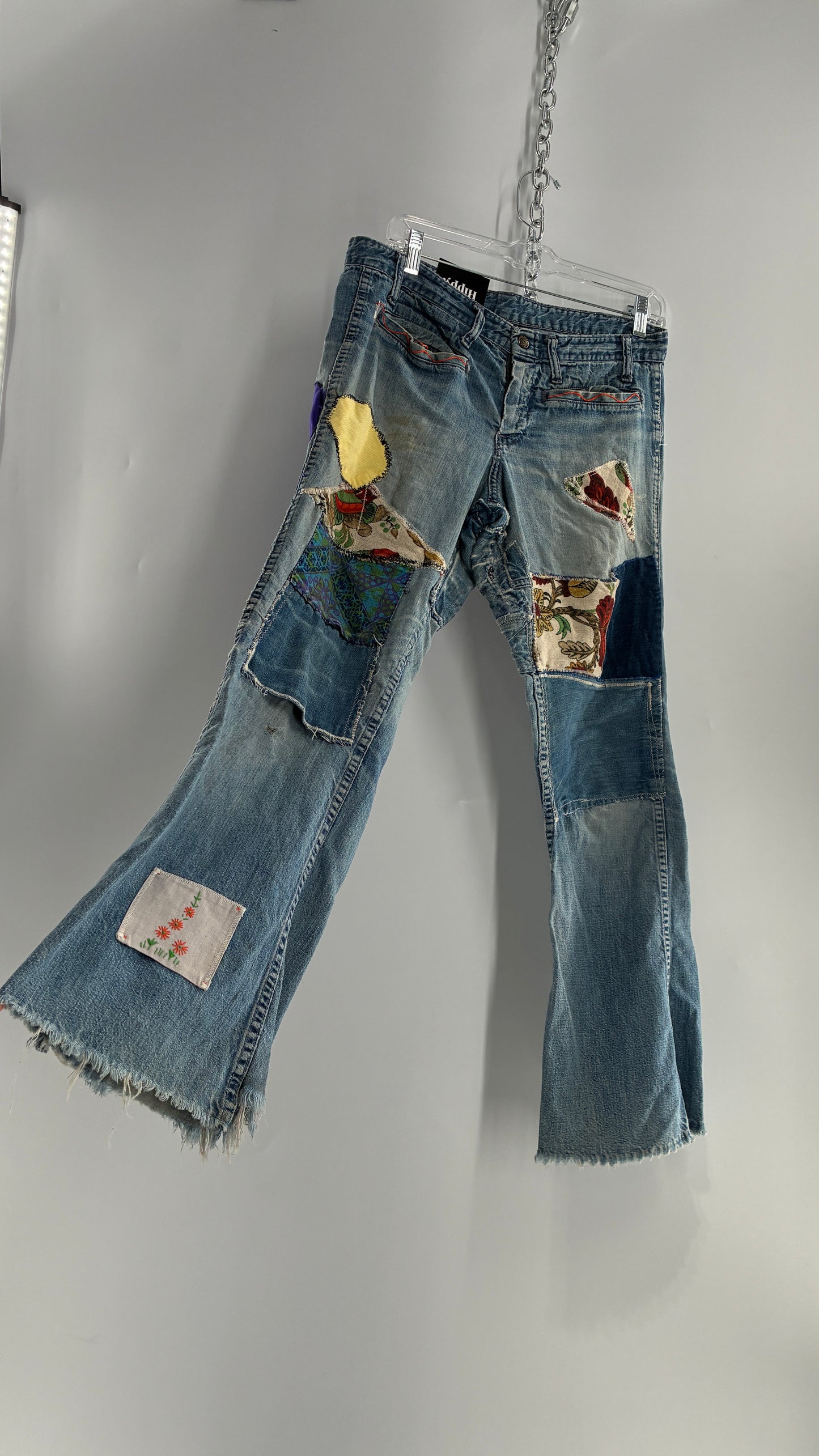 Vintage Rare 1970s Light Wash, Low Rise Boot Cut Jeans with Hand Stitched Tapestry Style Patches and Purple Heart on Bum (Measurements Below)