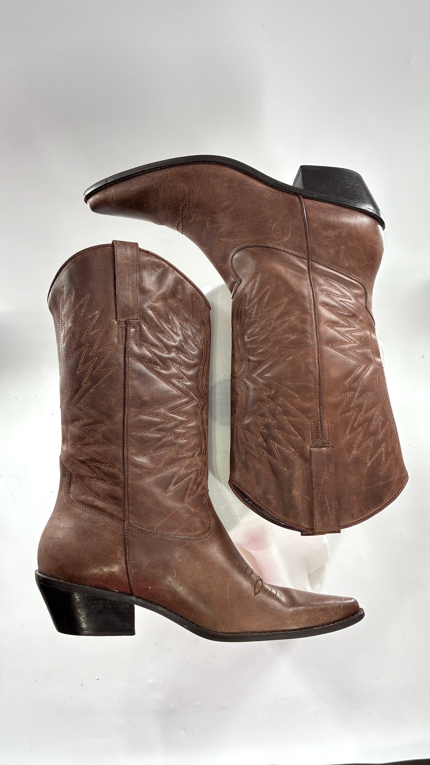 Vintage Genuine Leather Brown Cowboy Boots Made in Brazil (9.5)
