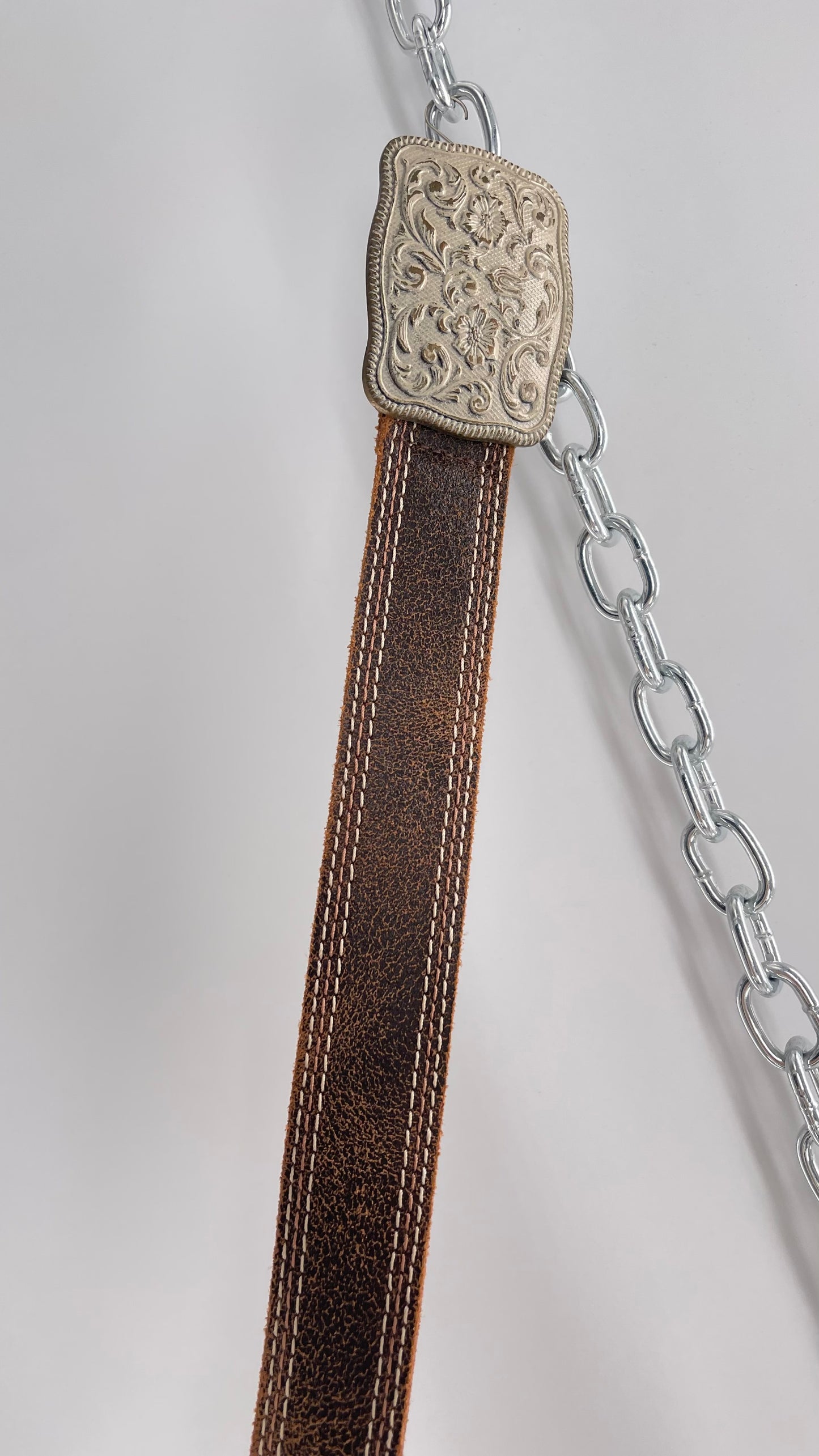 Vintage Belt Shak Brown Leather Belt with Stitching and Embossed Silver Metal Buckle (M)