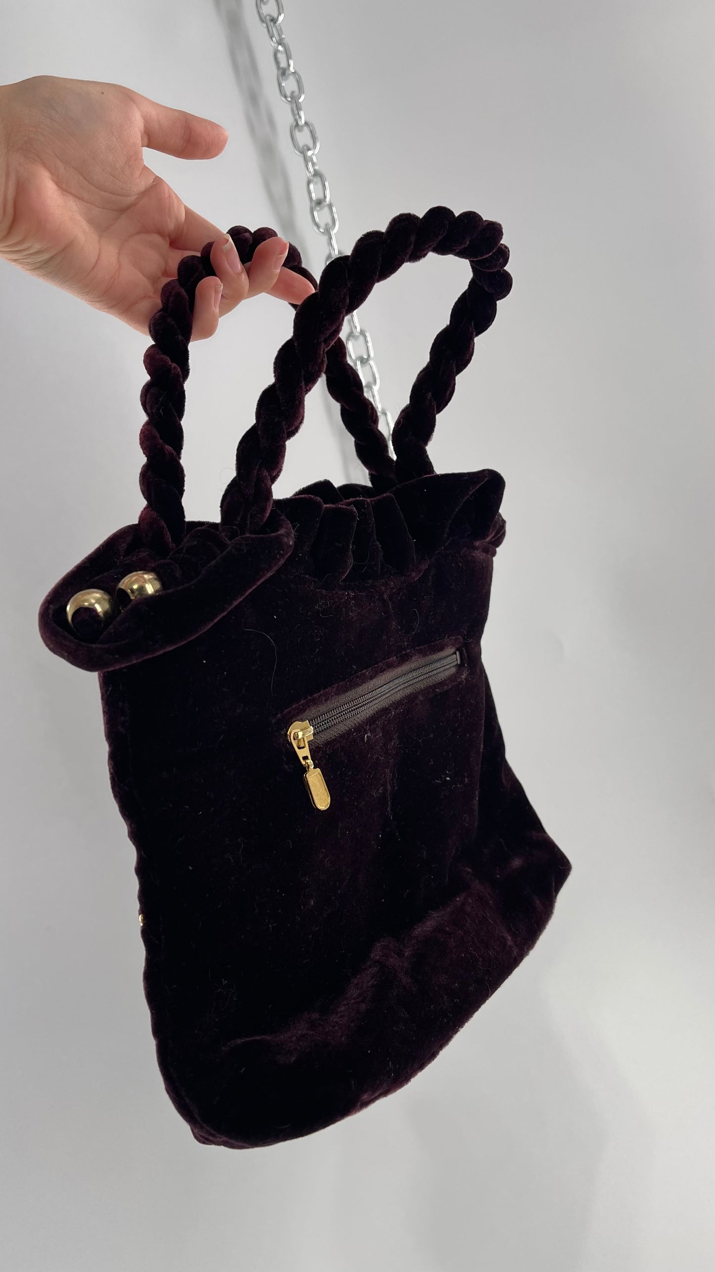 Vintage Purple Violet Velvet Quilted Purse with Rope Handles and Gold Metal Closure