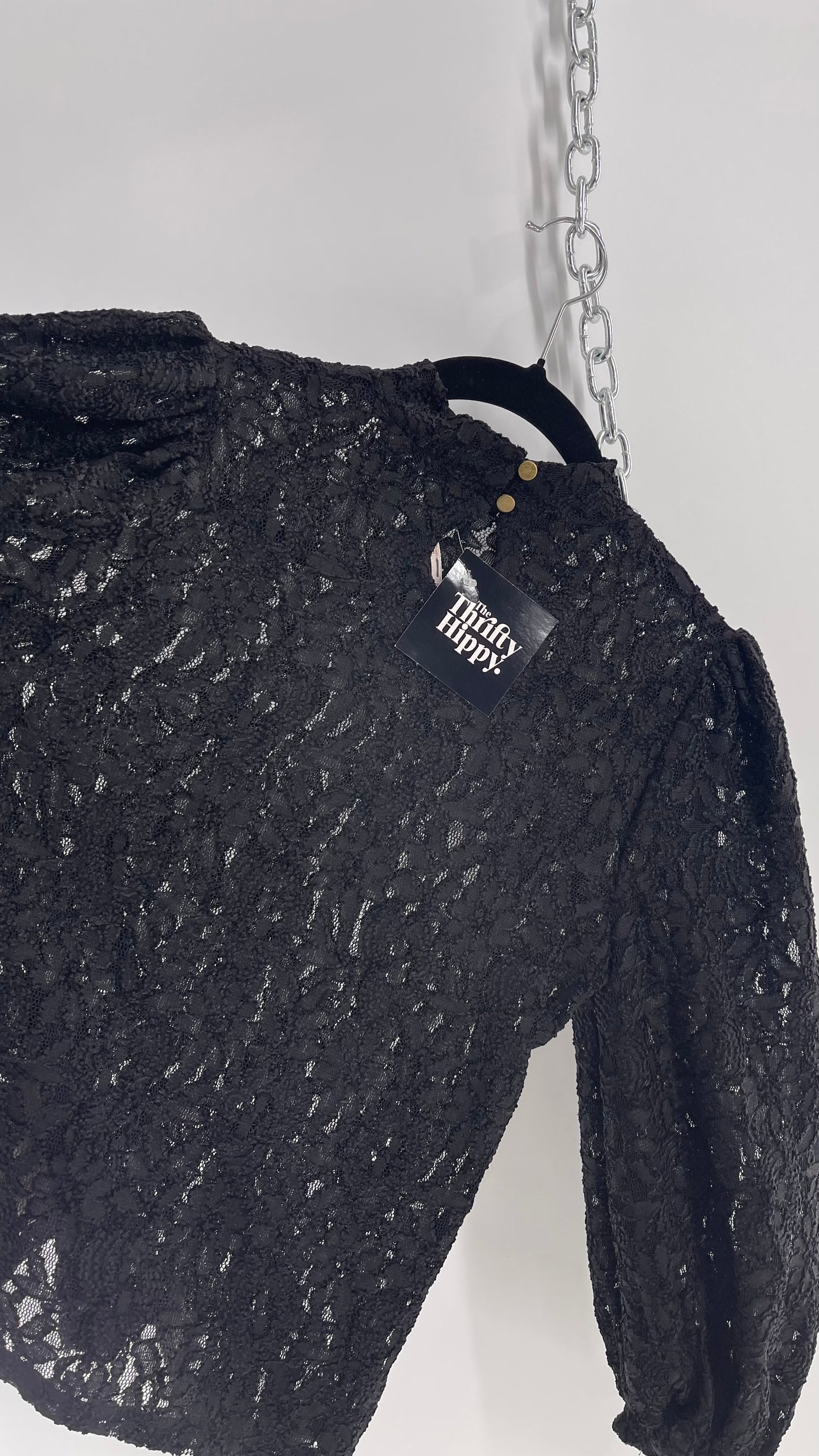 Free People Black Lace Bubble Quarter Sleeve Turtle Neck and Extra Buttons (XS)