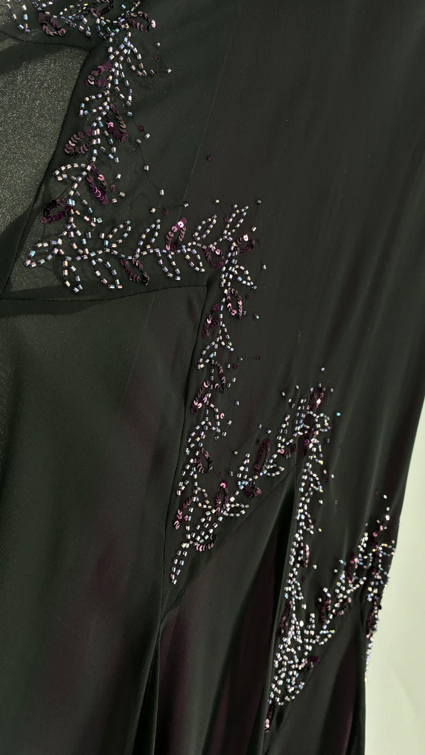 Vintage XSCAPE Full Length Black Beaded Gown with Purple Underlay (4)