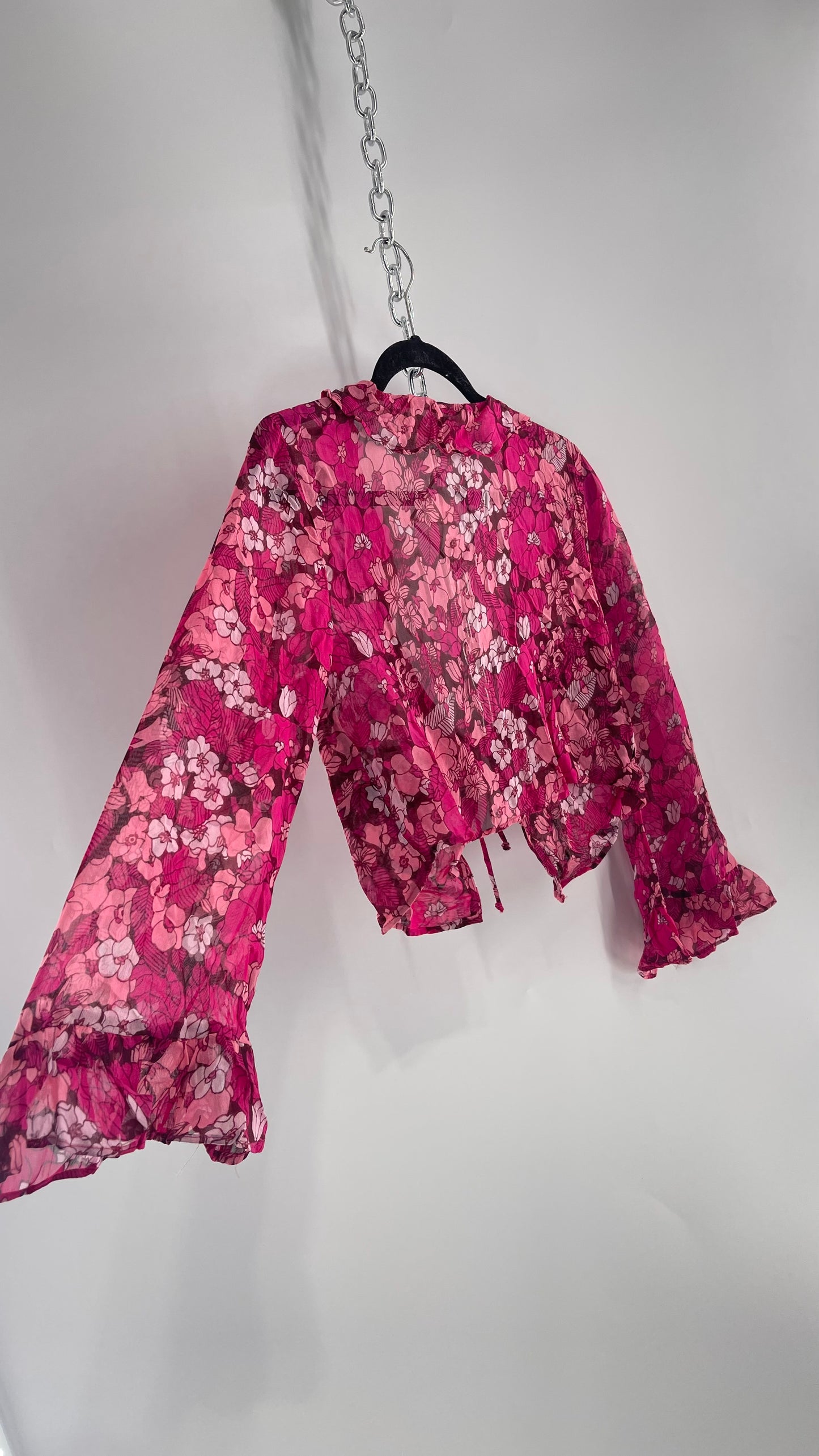 Urban Outfitters Fuchsia 100% Viscose Floral Tie Front, Ruffled Blouse